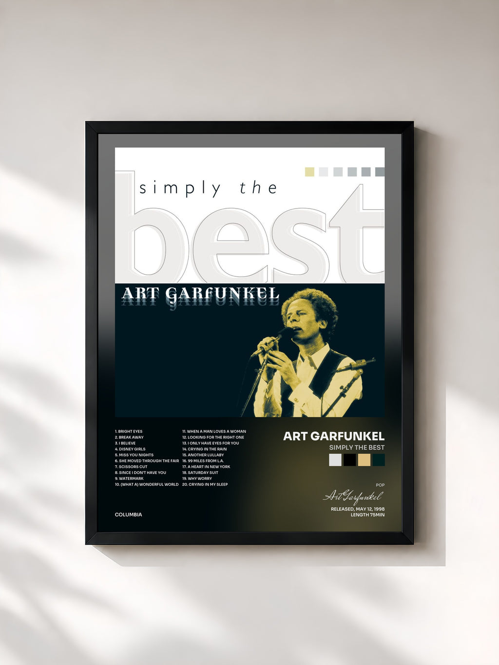 #noir Tableau de l'album Simply The Best de Art Garfunkel, cadre noir, imprimé et encadré en France