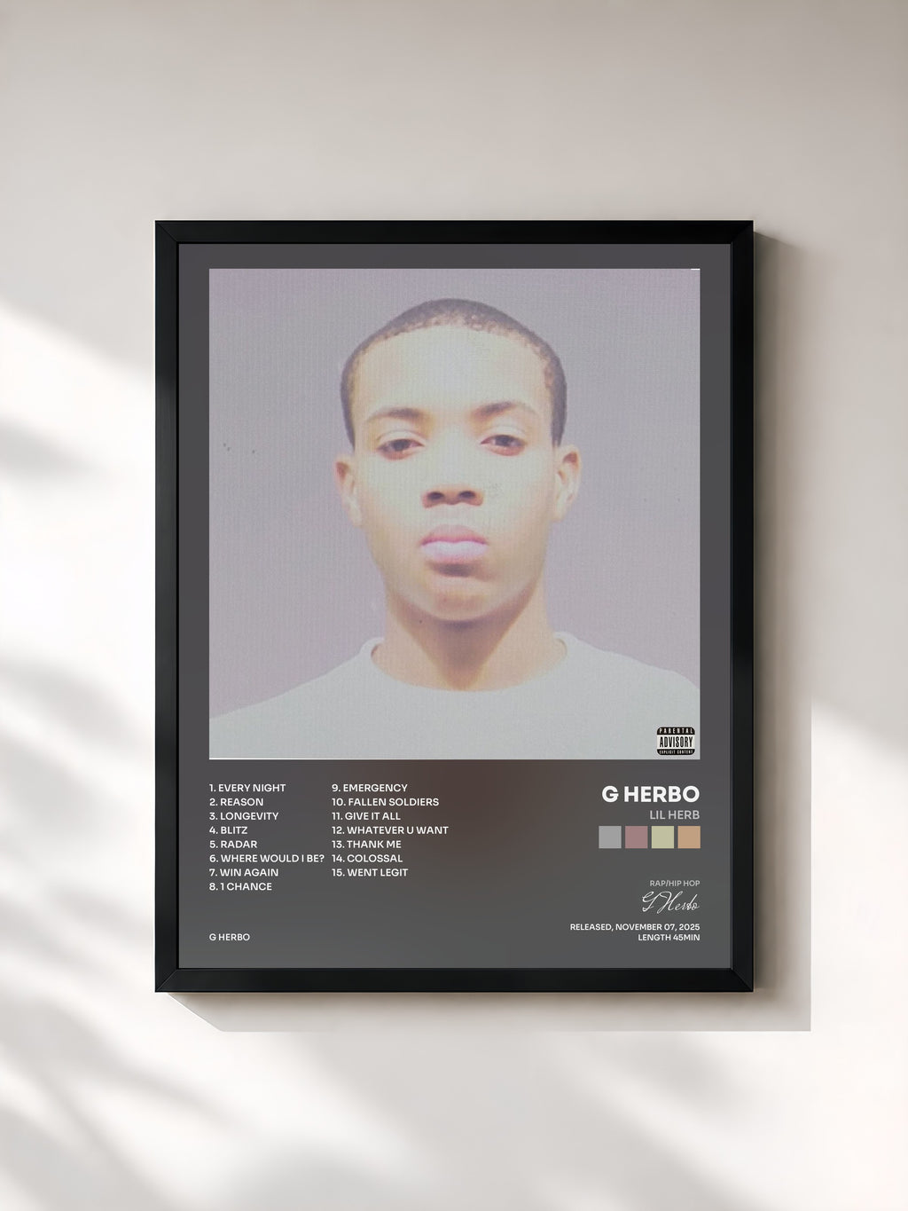 #noir Tableau de l'album Lil Herb de G Herbo, cadre noir, imprimé et encadré en France