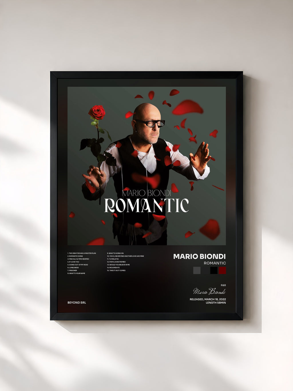 #noir Tableau de l'album Romantic de Mario Biondi, cadre noir, imprimé et encadré en France