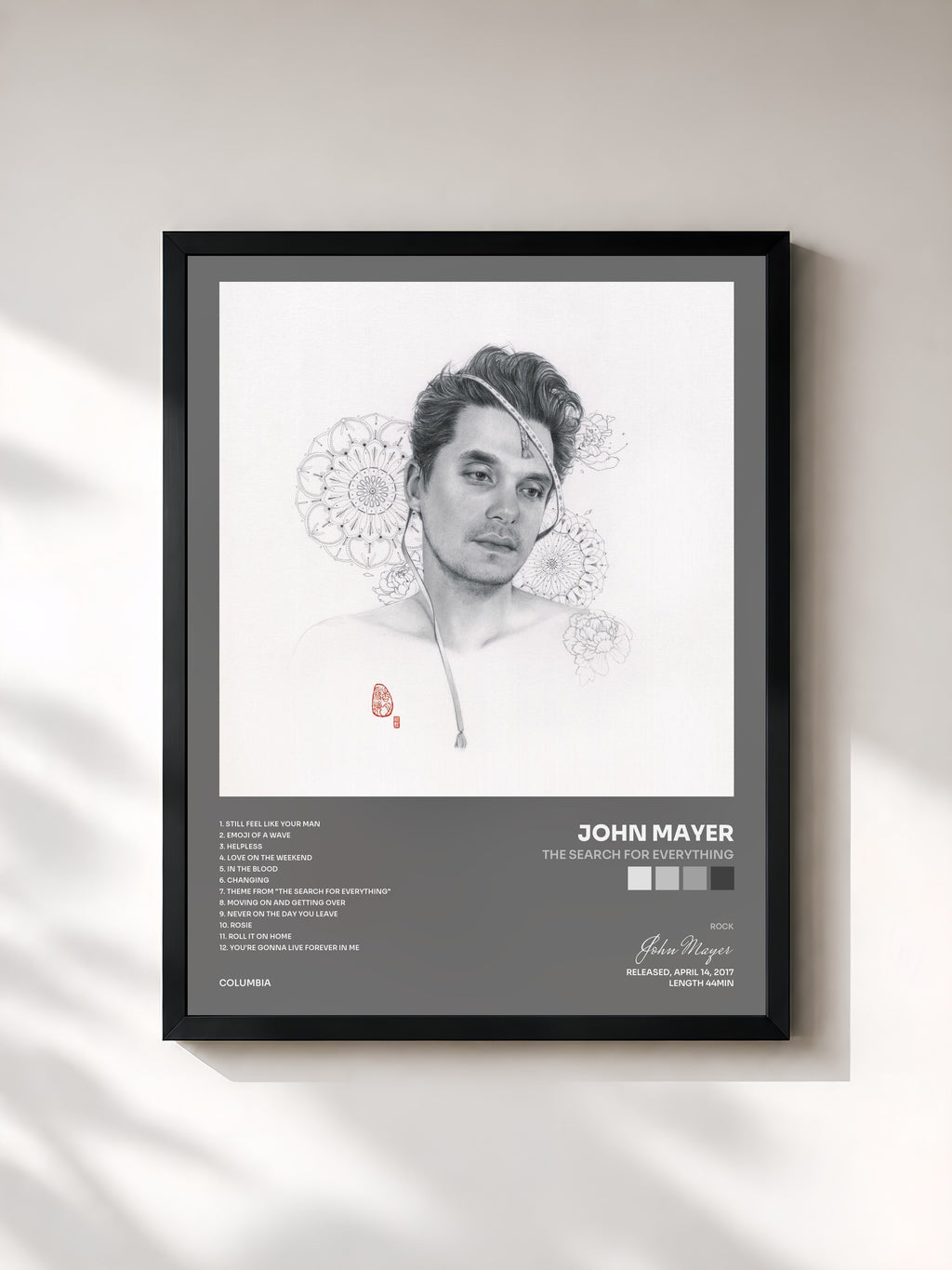 #noir Tableau de l'album The Search for Everything de John Mayer, cadre noir, imprimé et encadré en France