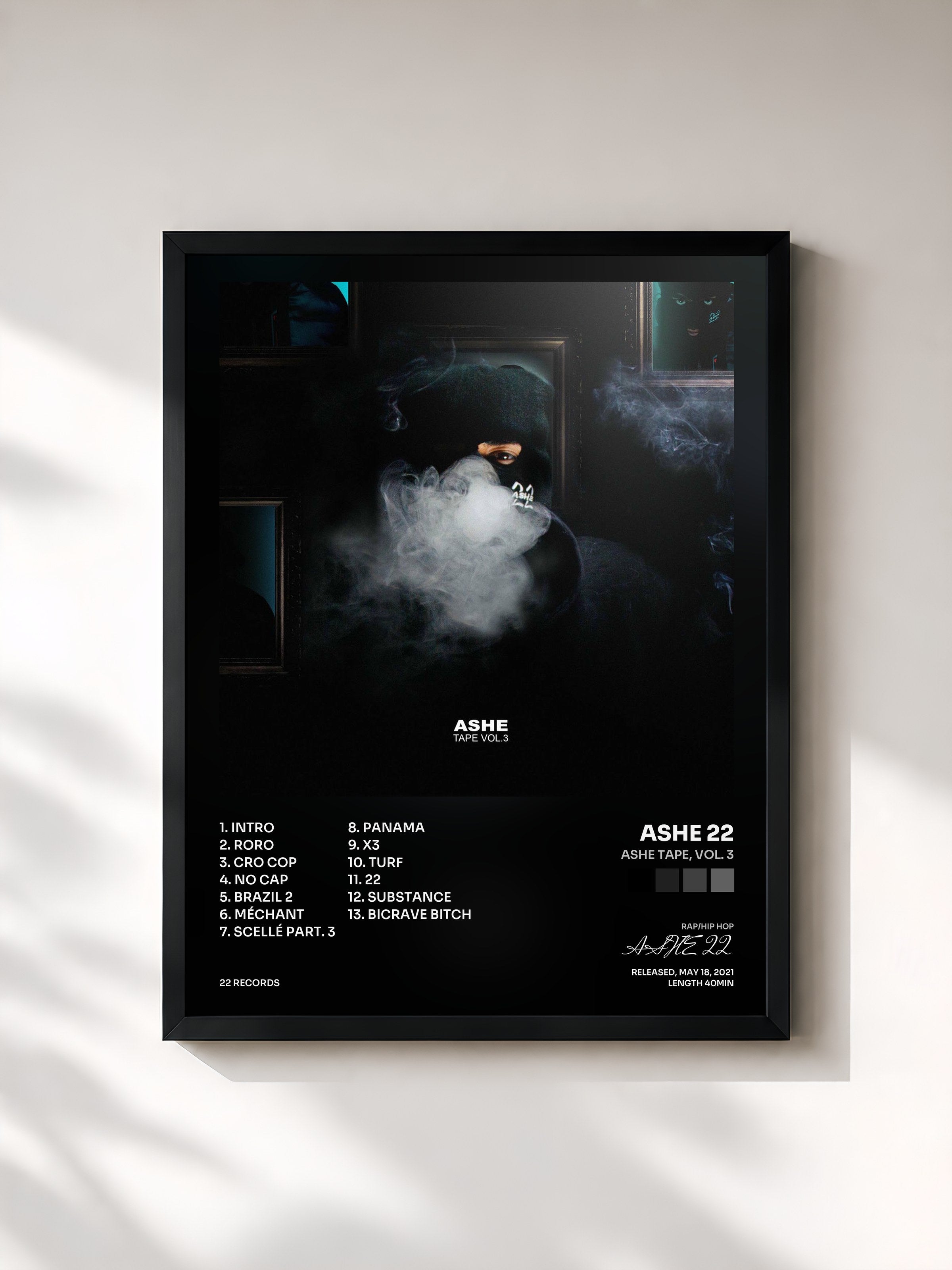 #noir Tableau de l'album Ashe Tape, Vol. 3 de ASHE 22, cadre noir, imprimé et encadré en France