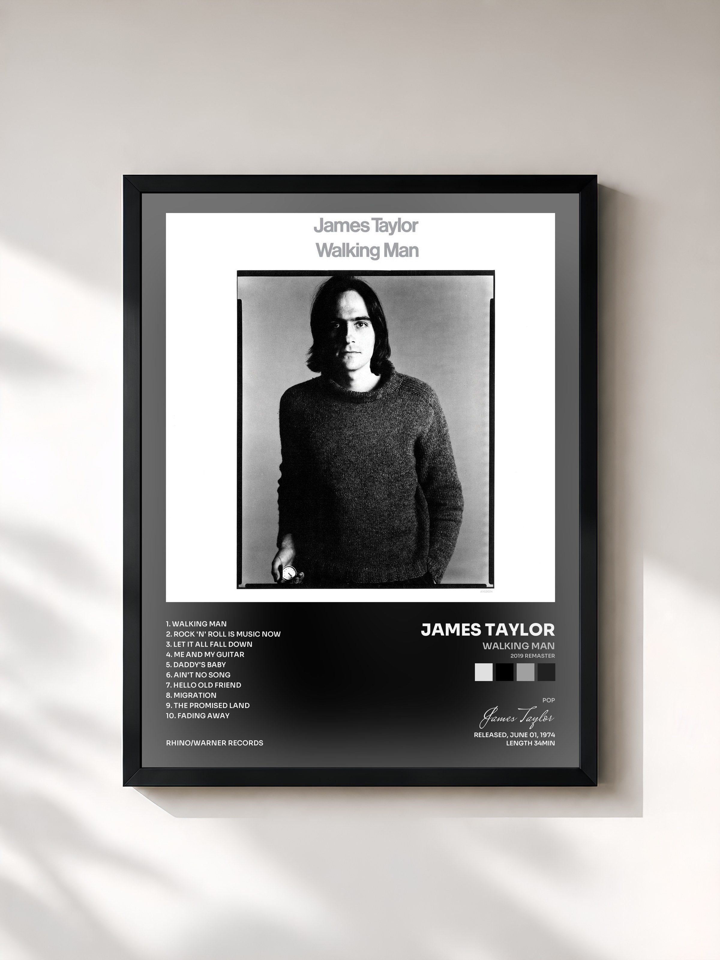 #noir Tableau de l'album Walking Man (2019 Remaster) de James Taylor, cadre noir, imprimé et encadré en France