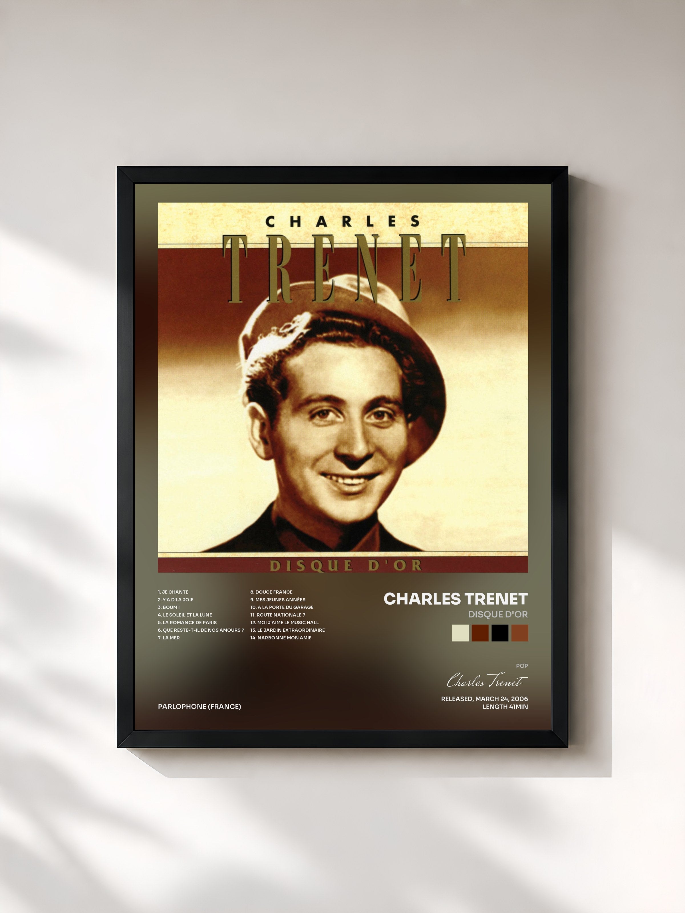 #noir Tableau de l'album Disque D'or de Charles Trenet, cadre noir, imprimé et encadré en France
