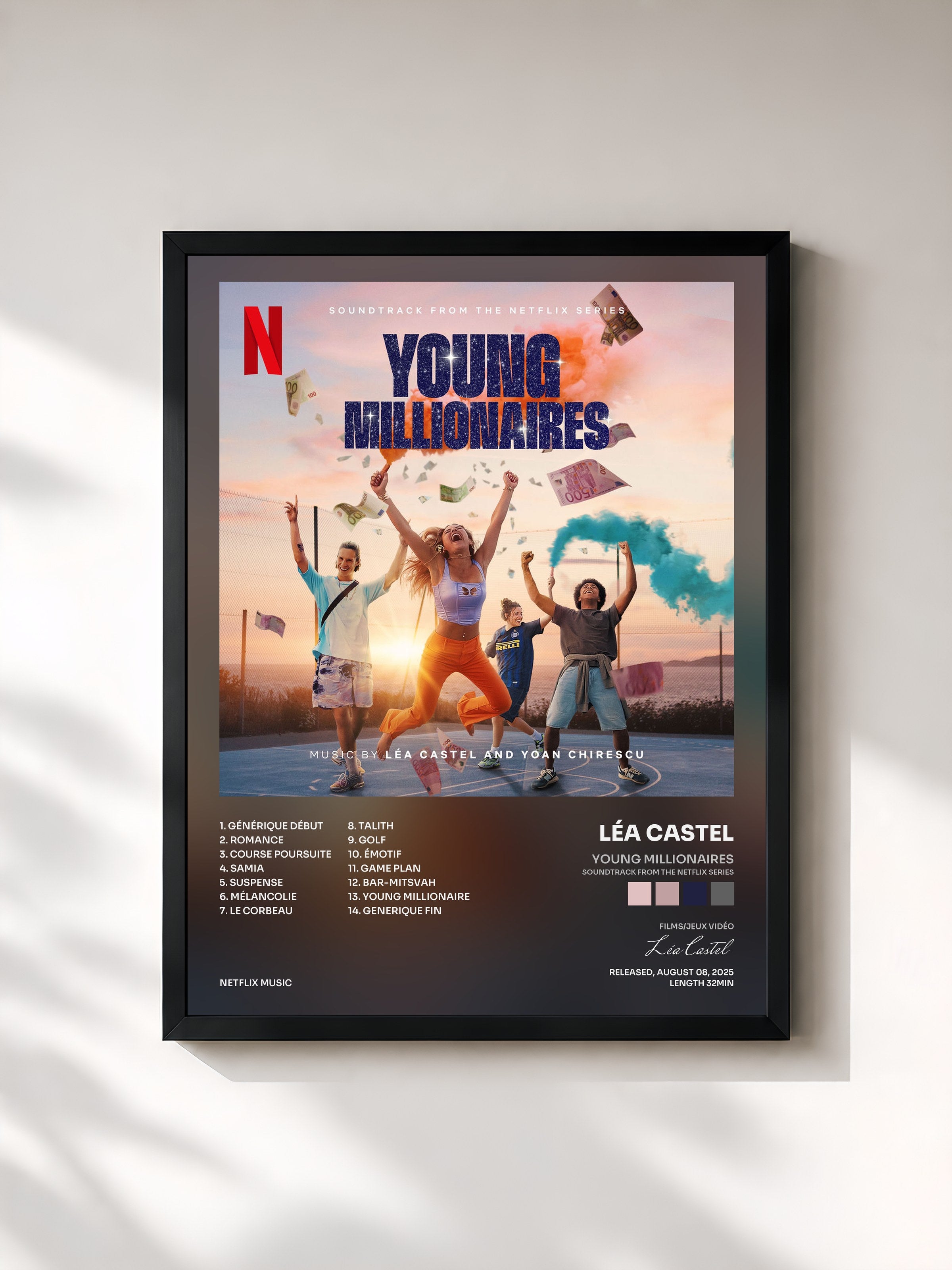 #noir Tableau de l'album Young Millionaires (Soundtrack from the Netflix Series) de Léa Castel, cadre noir, imprimé et encadré en France