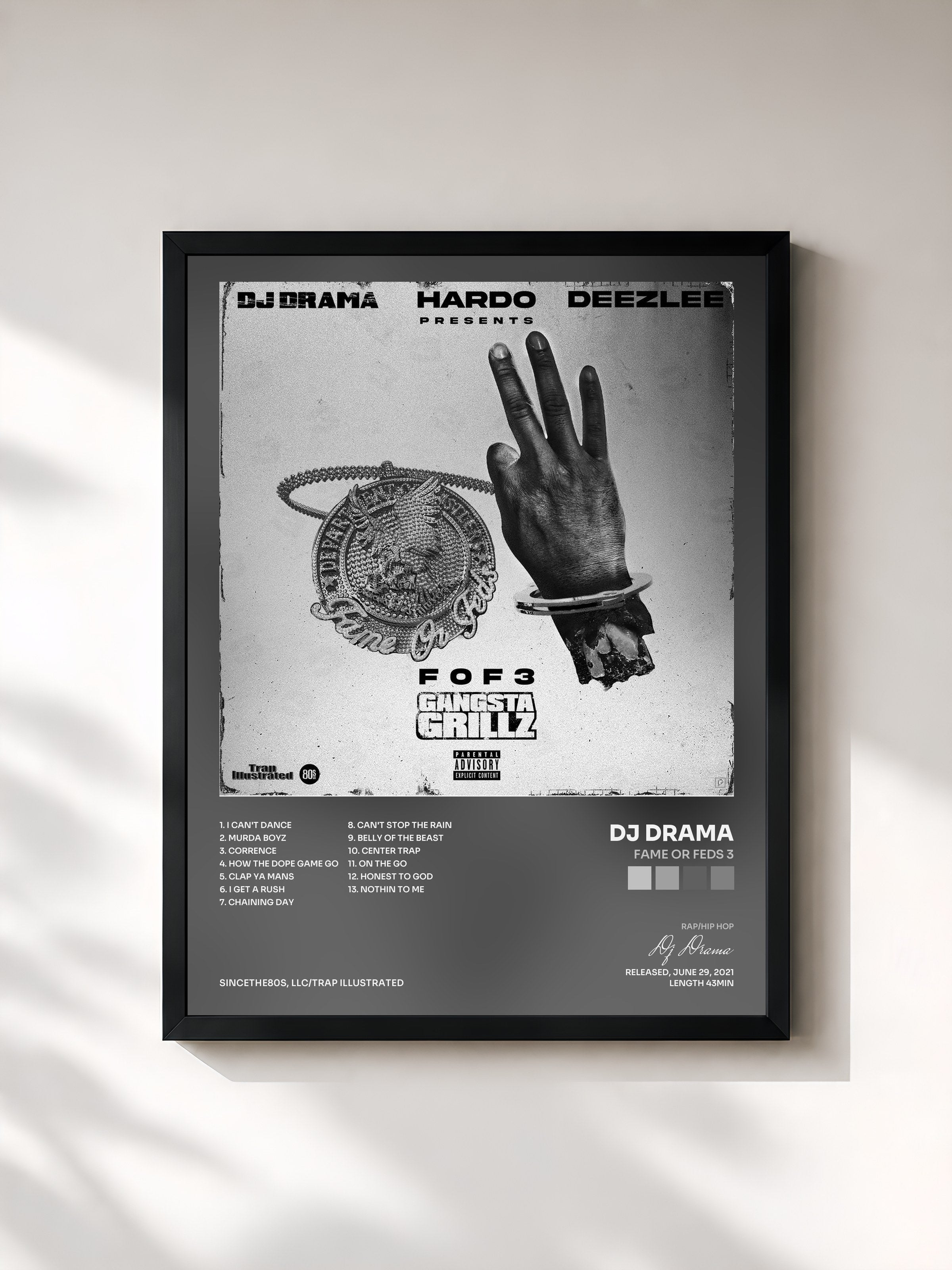 #noir Tableau de l'album Fame Or Feds 3 de Dj Drama, cadre noir, imprimé et encadré en France
