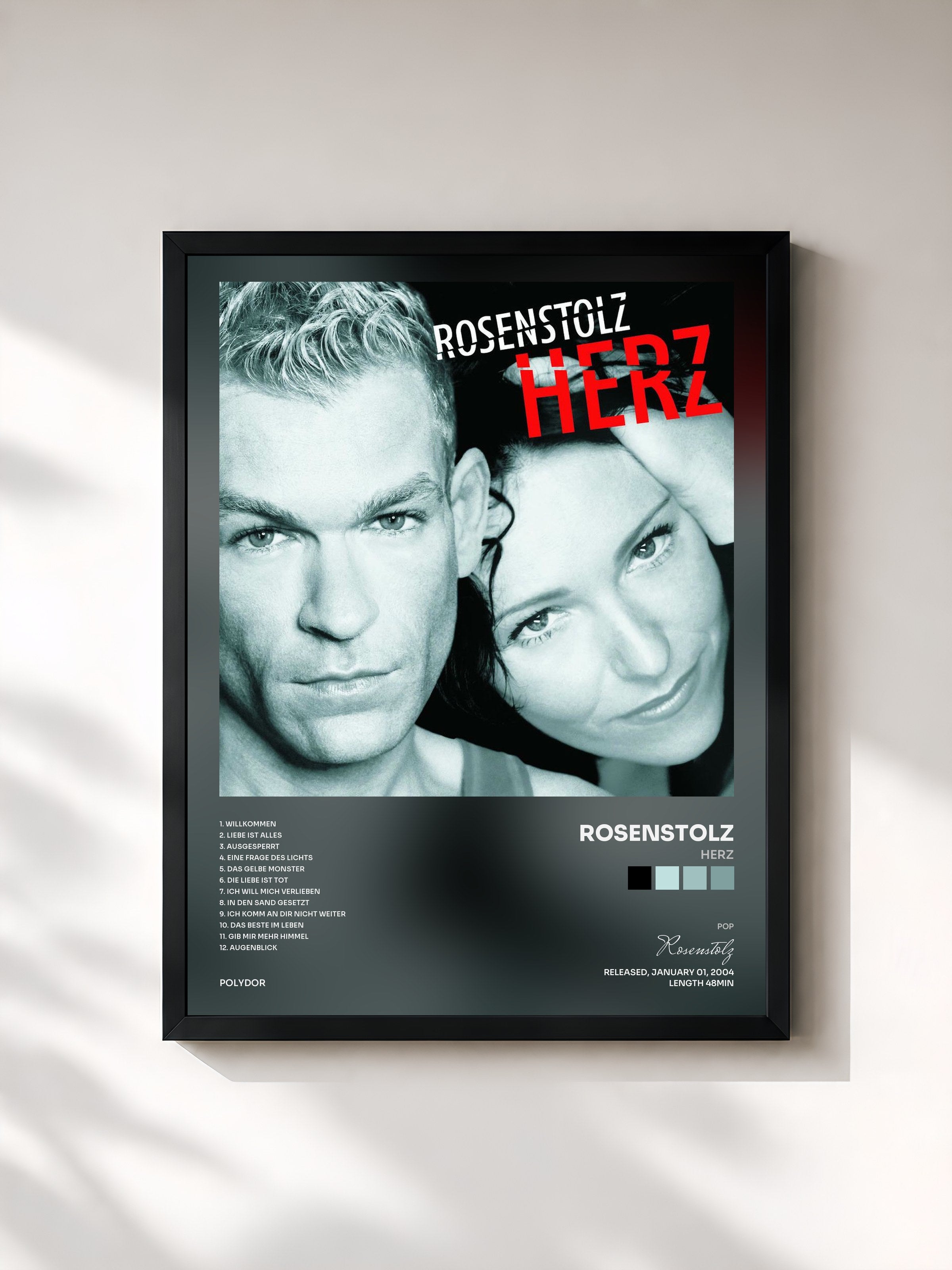 #noir Tableau de l'album Herz de Rosenstolz, cadre noir, imprimé et encadré en France