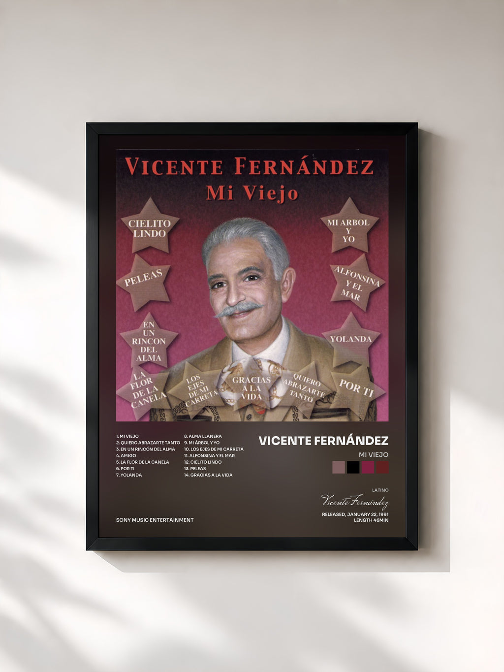 #noir Tableau de l'album Mi Viejo de Vicente Fernández, cadre noir, imprimé et encadré en France