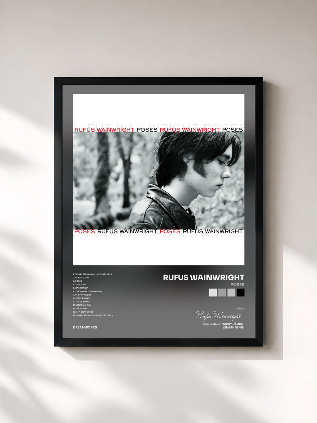 #noir Tableau de l'album Poses de Rufus Wainwright, cadre noir, imprimé et encadré en France