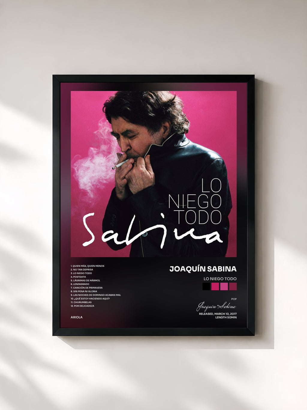 #noir Tableau de l'album Lo Niego Todo de Joaquín Sabina, cadre noir, imprimé et encadré en France