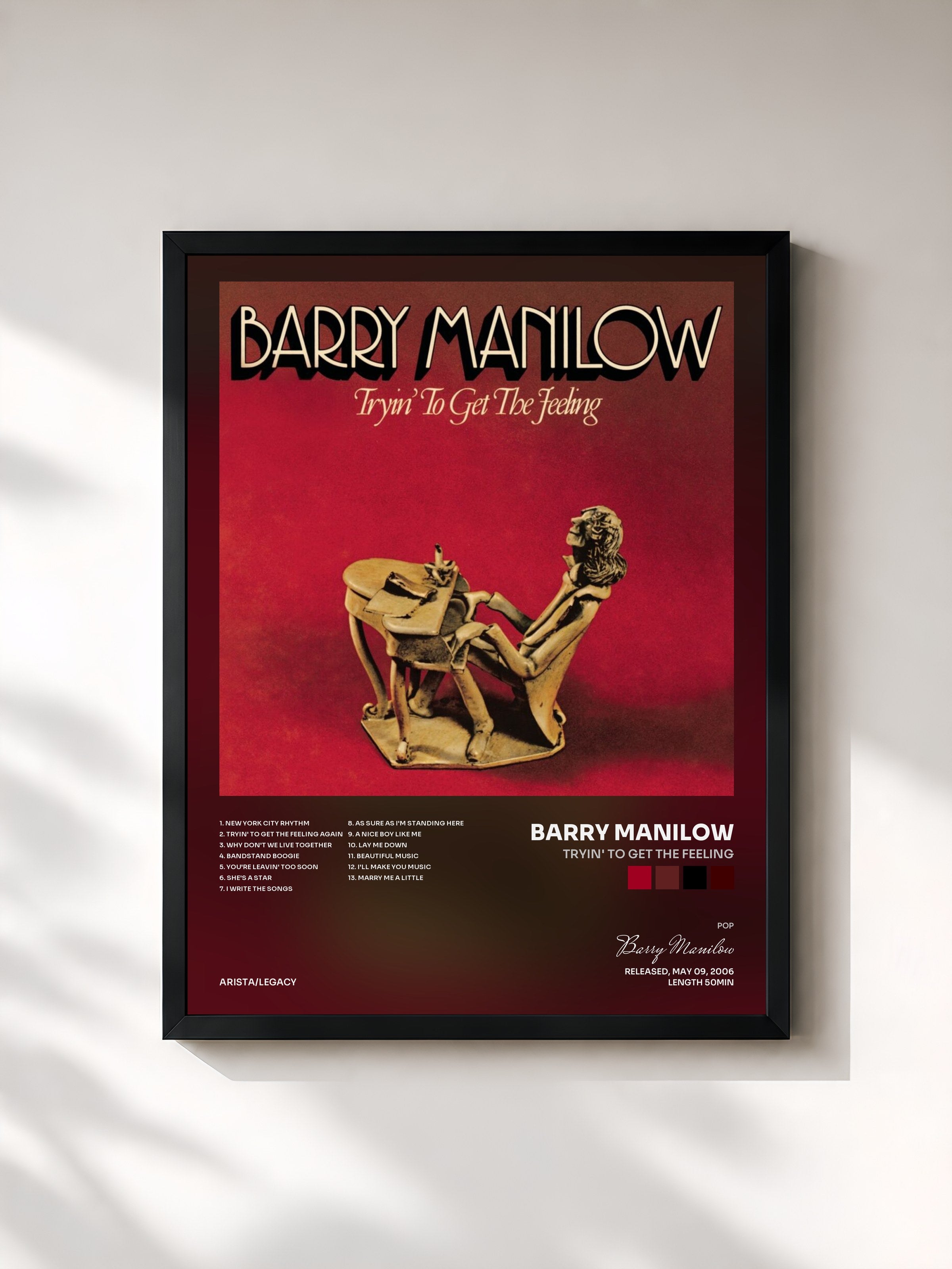 #noir Tableau de l'album Tryin' To Get The Feeling de Barry Manilow, cadre noir, imprimé et encadré en France