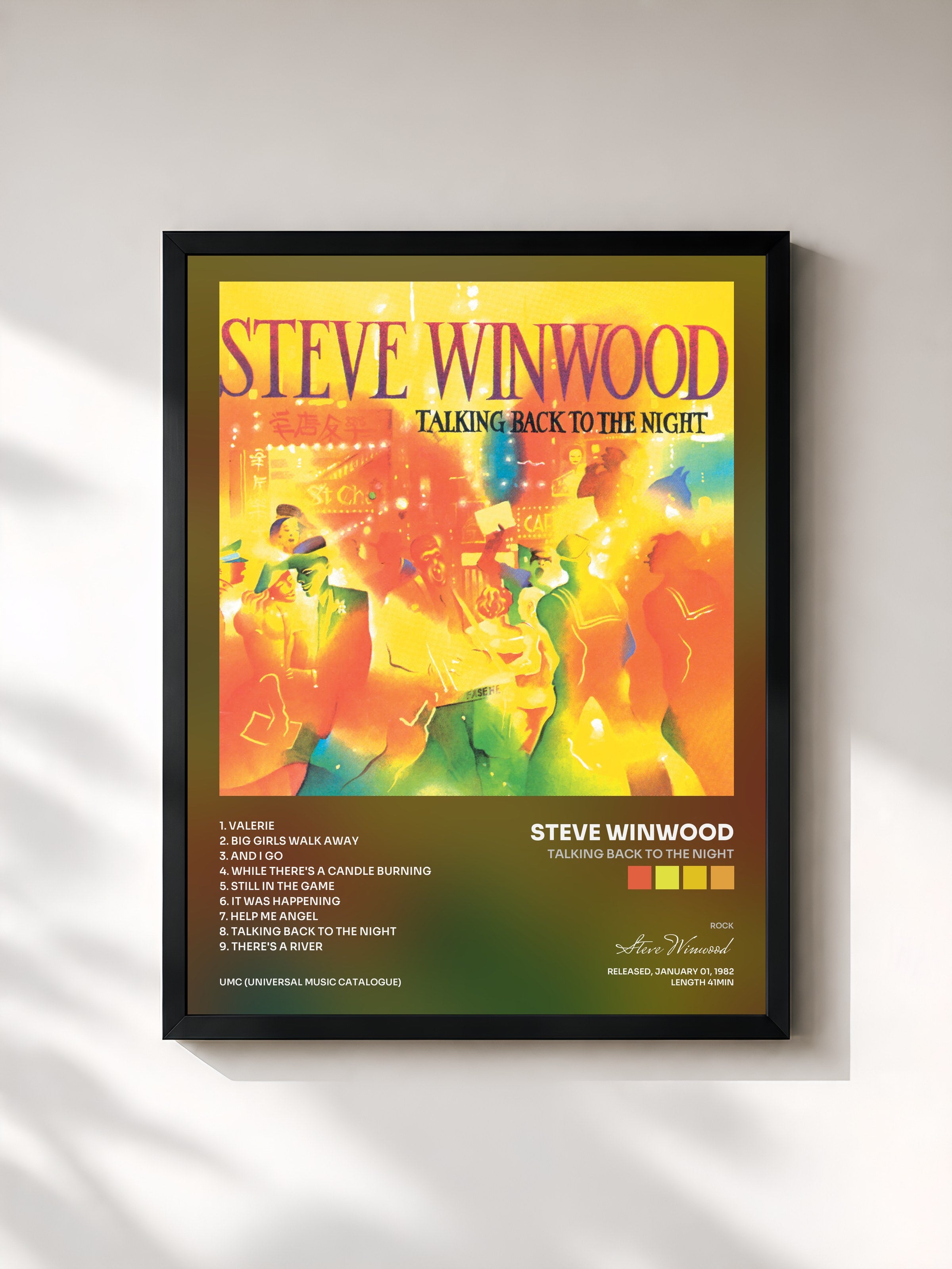 #noir Tableau de l'album Talking Back To The Night de Steve Winwood, cadre noir, imprimé et encadré en France
