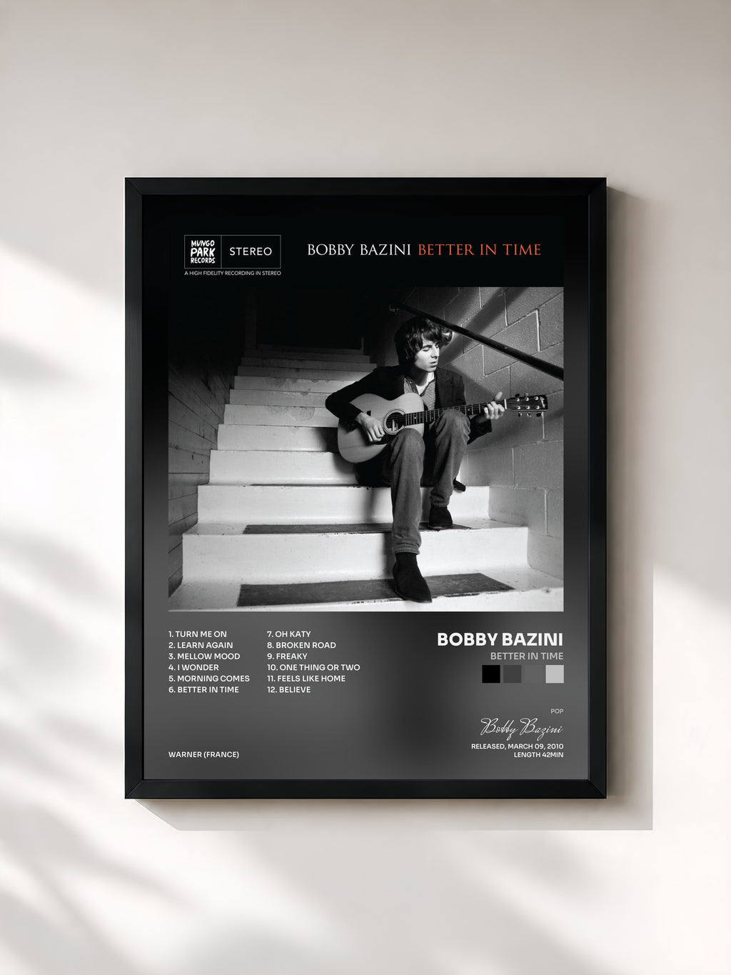 #noir Tableau de l'album Better In Time de Bobby Bazini, cadre noir, imprimé et encadré en France