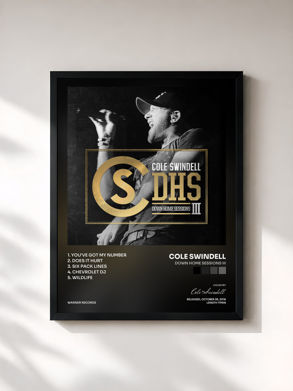 #noir Tableau de l'album Down Home Sessions III de Cole Swindell, cadre noir, imprimé et encadré en France