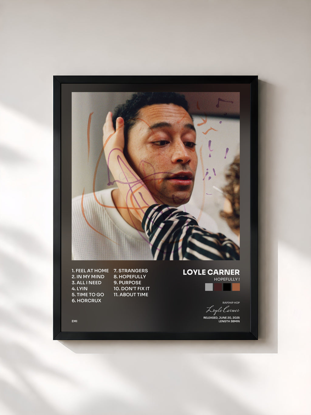 #noir Tableau de l'album hopefully ! de Loyle Carner, cadre noir, imprimé et encadré en France