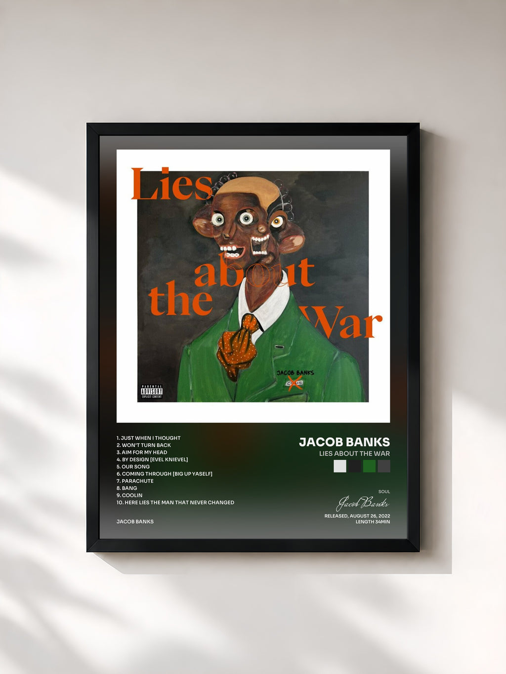 #noir Tableau de l'album Lies About The War de Jacob Banks, cadre noir, imprimé et encadré en France