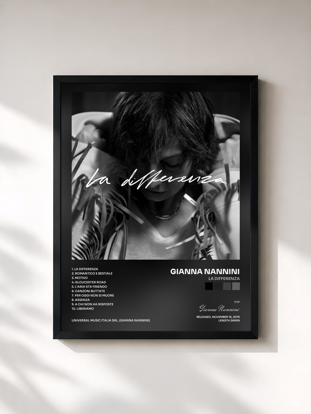 #noir Tableau de l'album La differenza de Gianna Nannini, cadre noir, imprimé et encadré en France