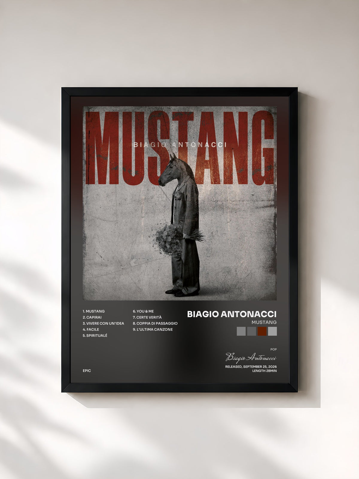 #noir Tableau de l'album MUSTANG de Biagio Antonacci, cadre noir, imprimé et encadré en France