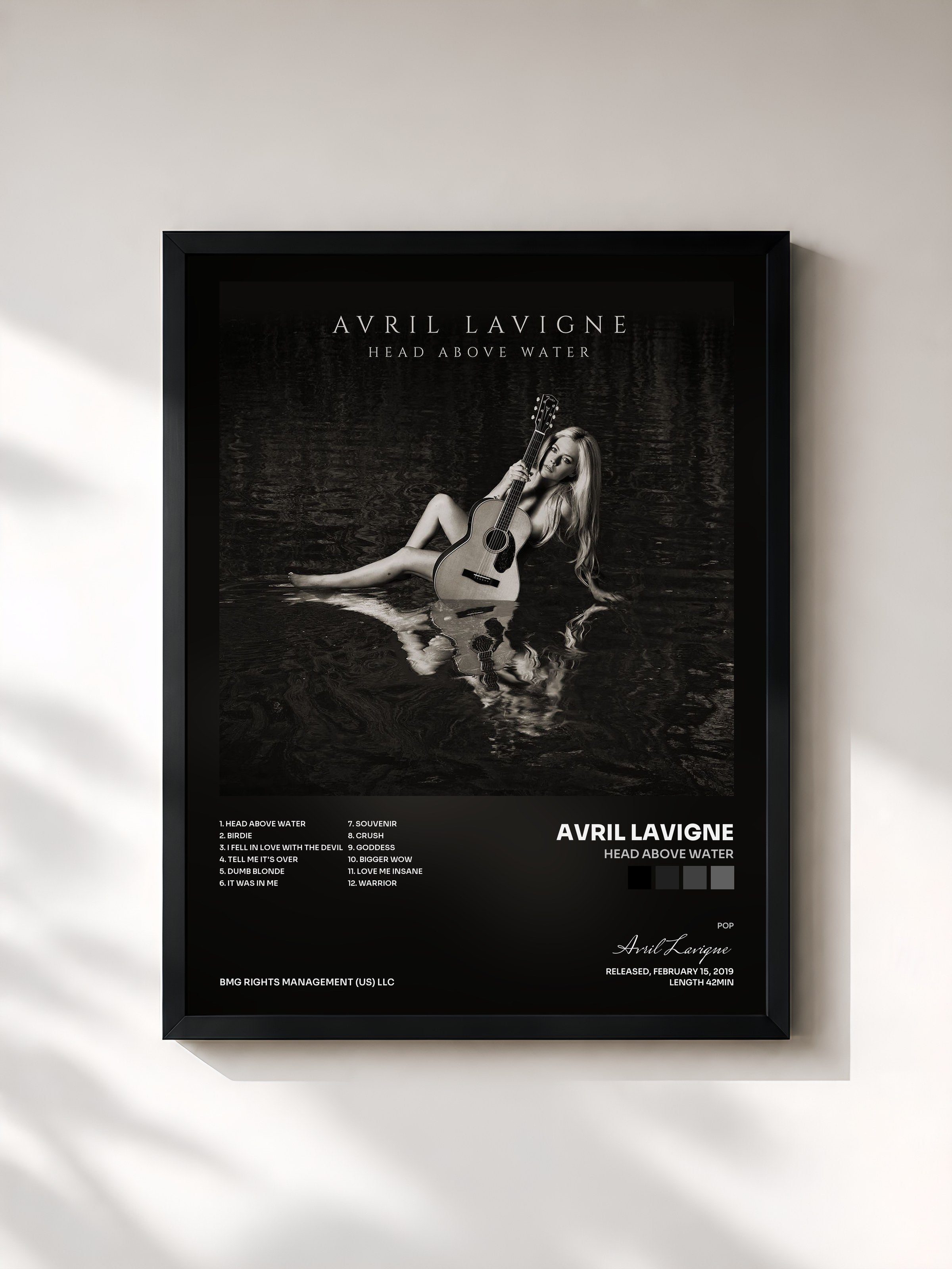 #noir Tableau de l'album Head Above Water de Avril Lavigne, cadre noir, imprimé et encadré en France