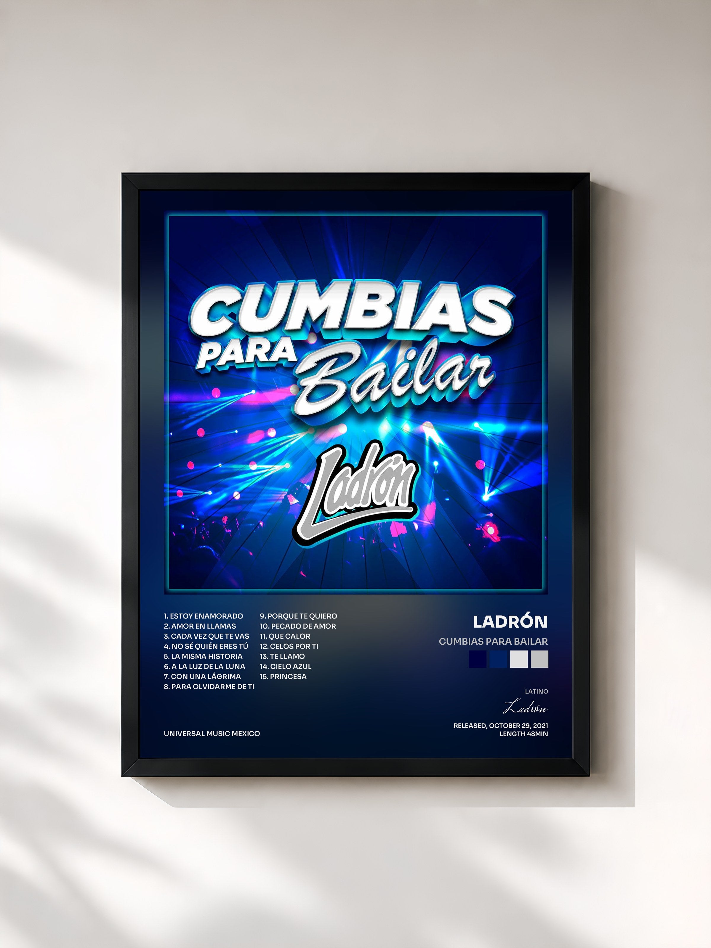 #noir Tableau de l'album Cumbias Para Bailar de Ladrón, cadre noir, imprimé et encadré en France