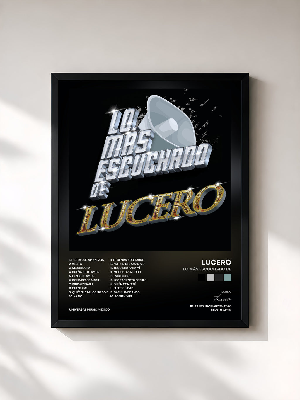 #noir Tableau de l'album Lo Más Escuchado De de Lucero, cadre noir, imprimé et encadré en France