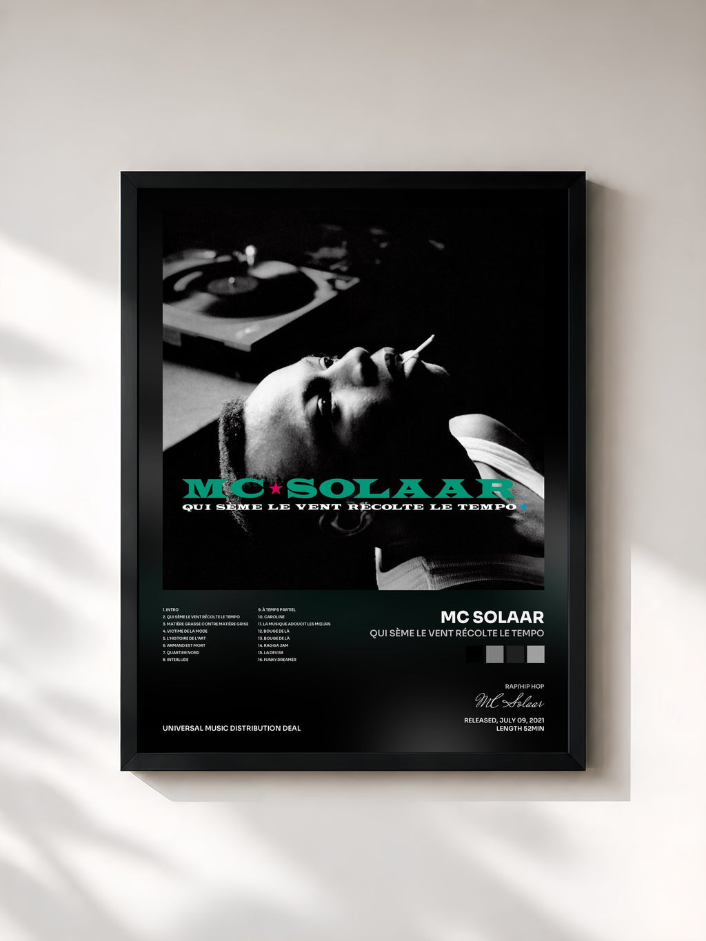 #noir Tableau de l'album Qui sème le vent récolte le tempo de MC Solaar, cadre noir, imprimé et encadré en France