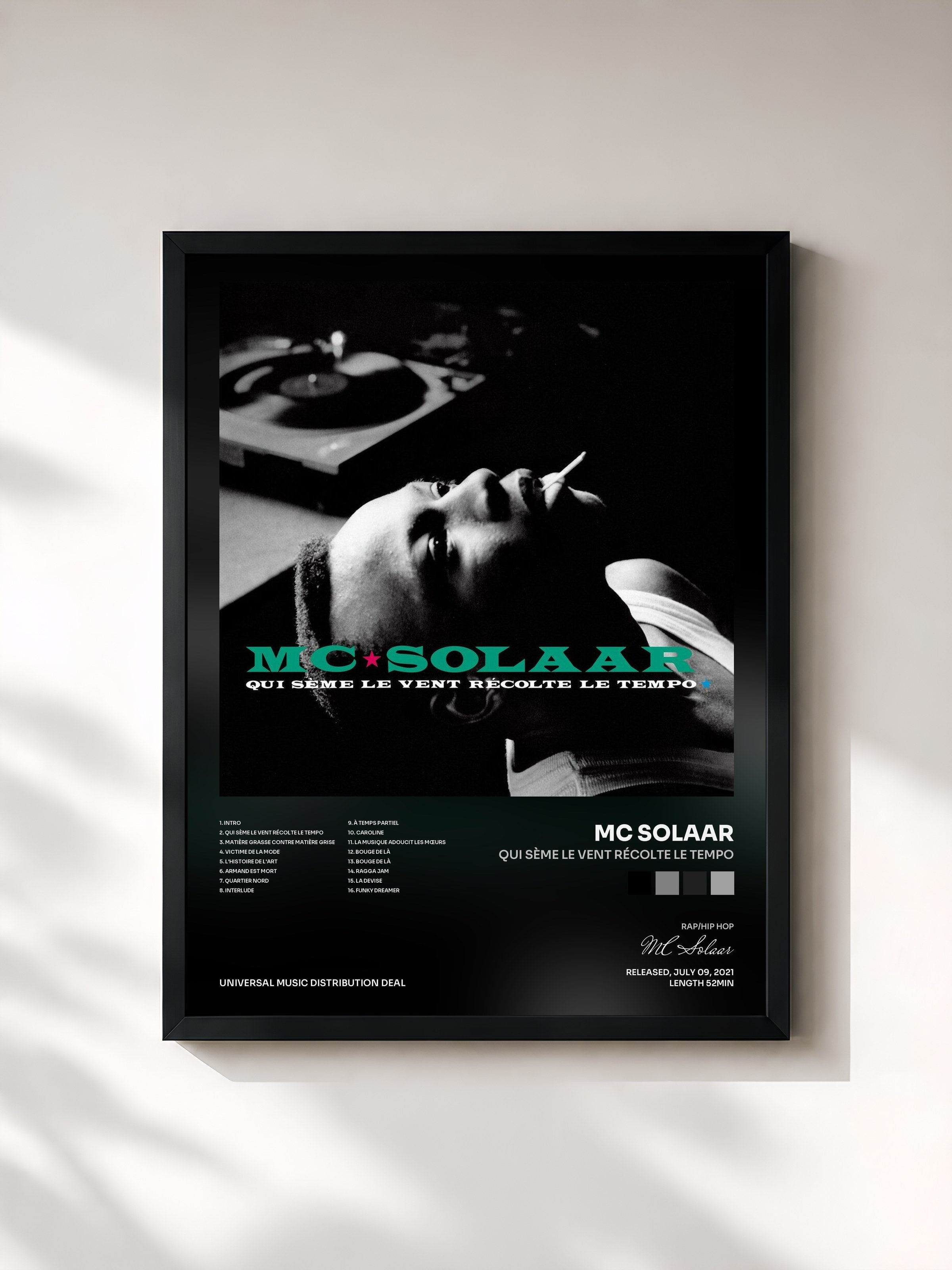 #noir Tableau de l'album Qui sème le vent récolte le tempo de MC Solaar, cadre noir, imprimé et encadré en France