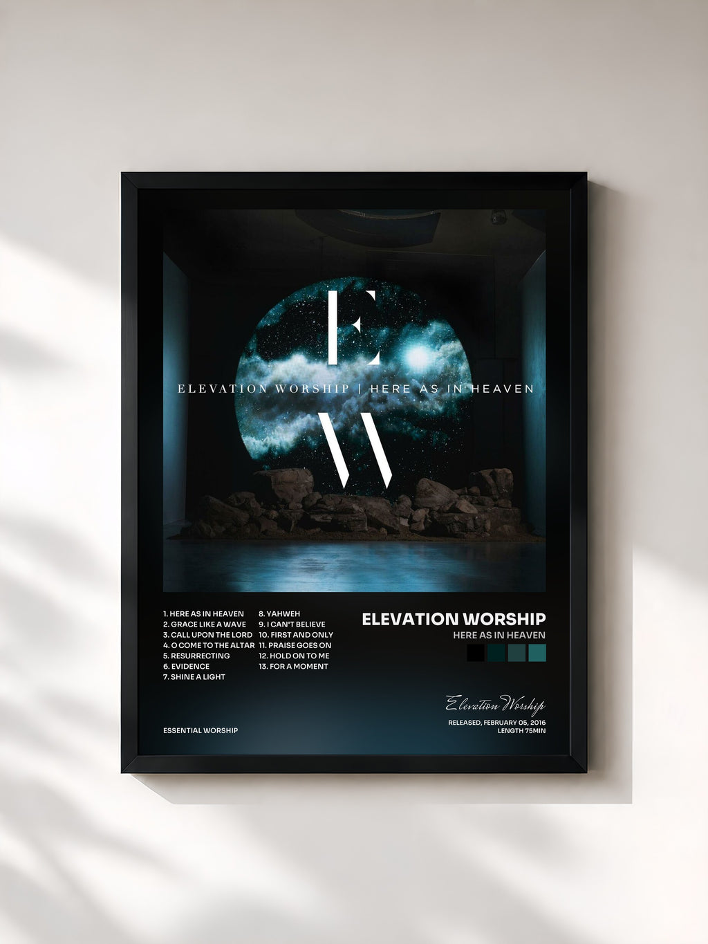#noir Tableau de l'album Here As In Heaven de Elevation Worship, cadre noir, imprimé et encadré en France