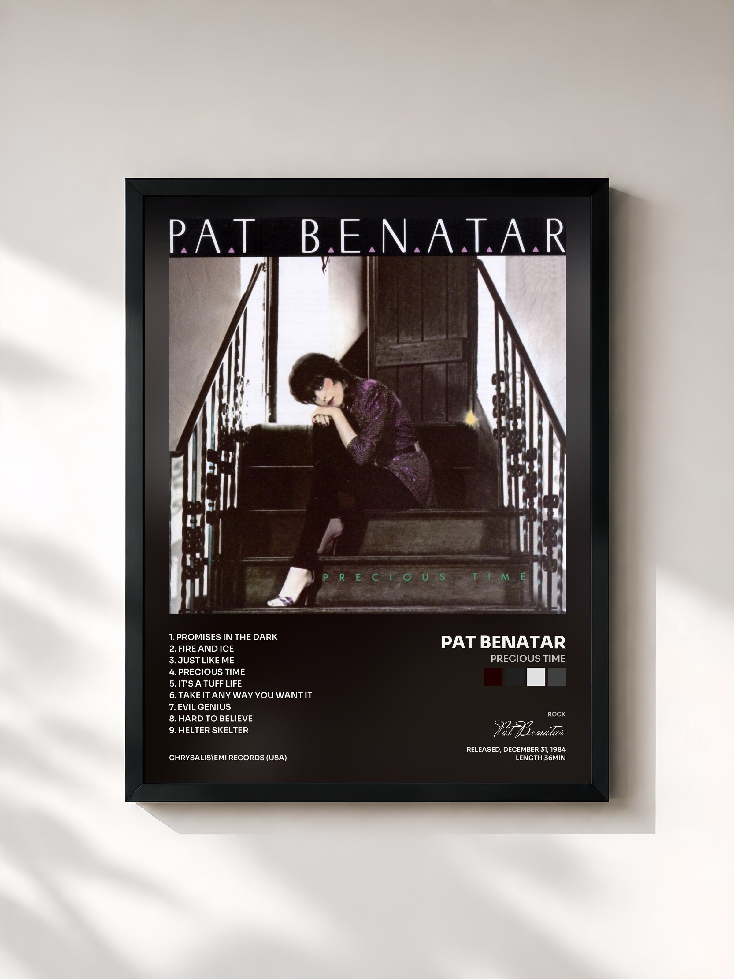#noir Tableau de l'album Precious Time de Pat Benatar, cadre noir, imprimé et encadré en France