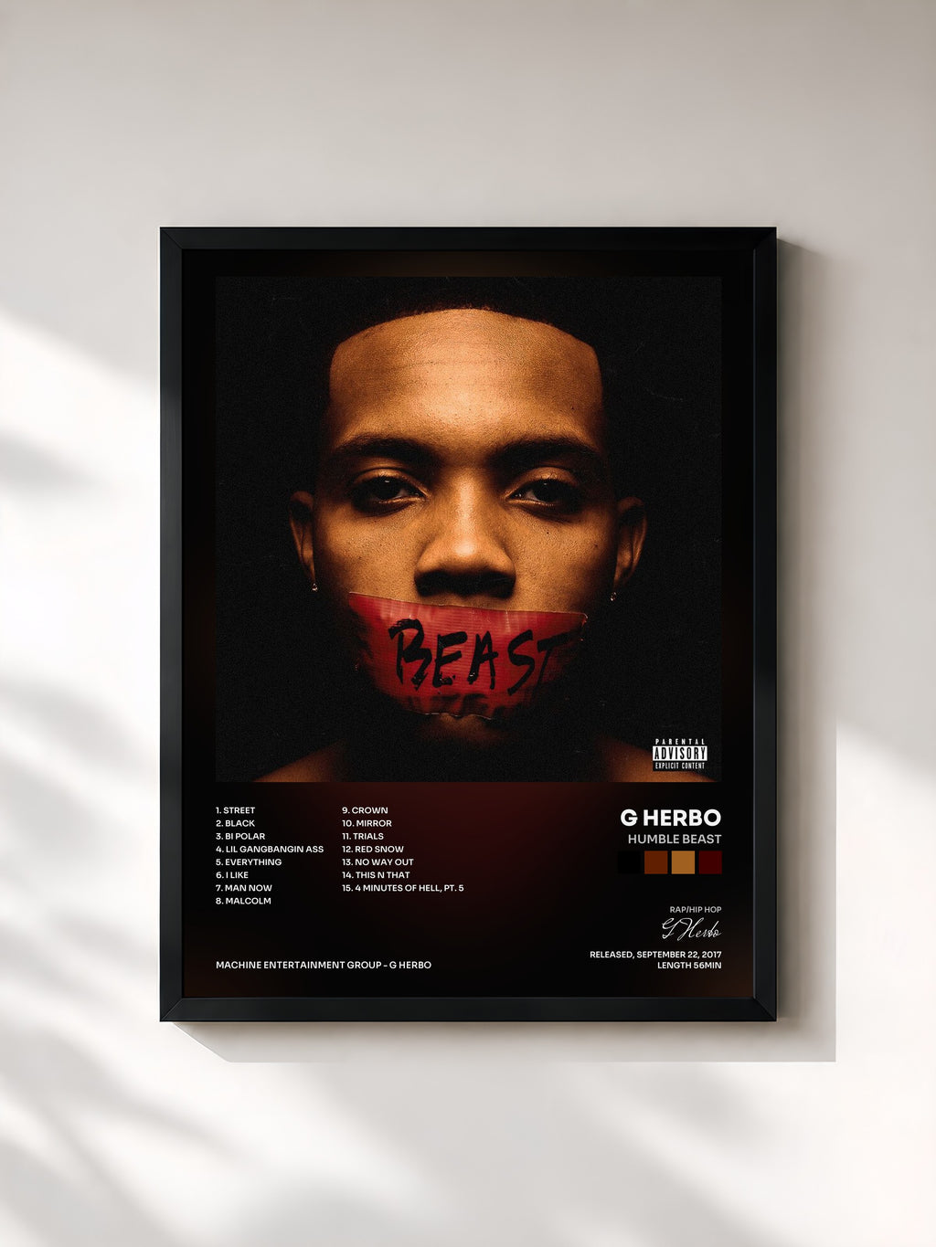 #noir Tableau de l'album Humble Beast de G Herbo, cadre noir, imprimé et encadré en France