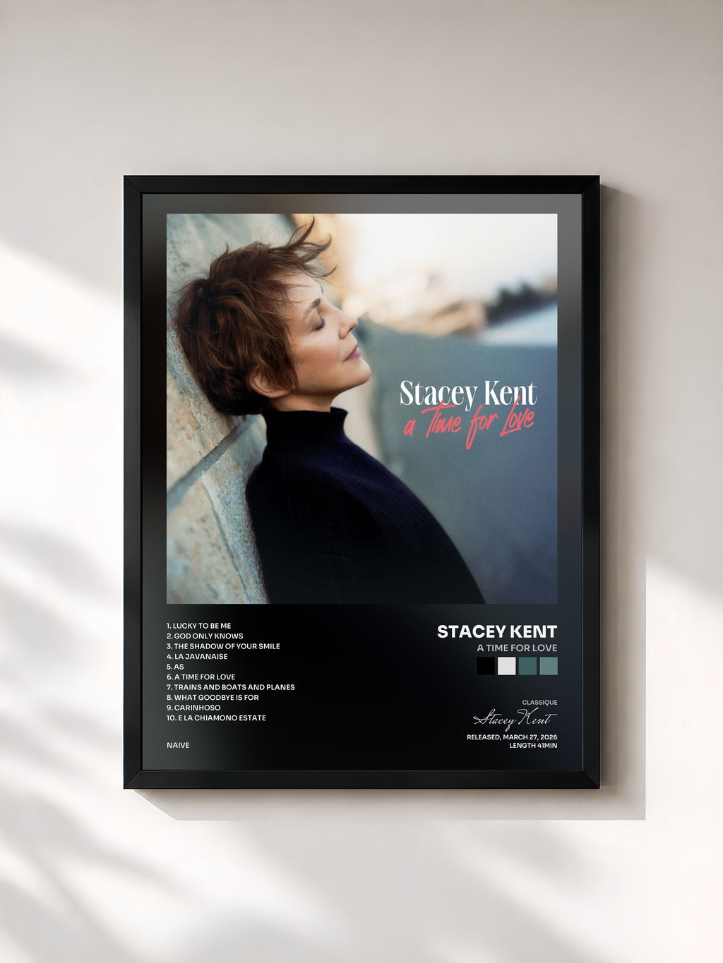 #noir Tableau de l'album A Time For Love de Stacey Kent, cadre noir, imprimé et encadré en France