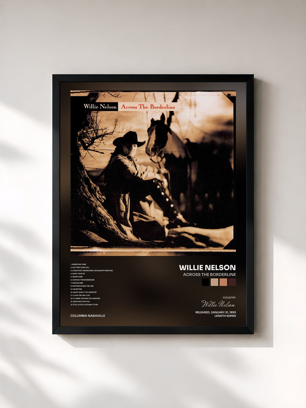 #noir Tableau de l'album Across The Borderline de Willie Nelson, cadre noir, imprimé et encadré en France