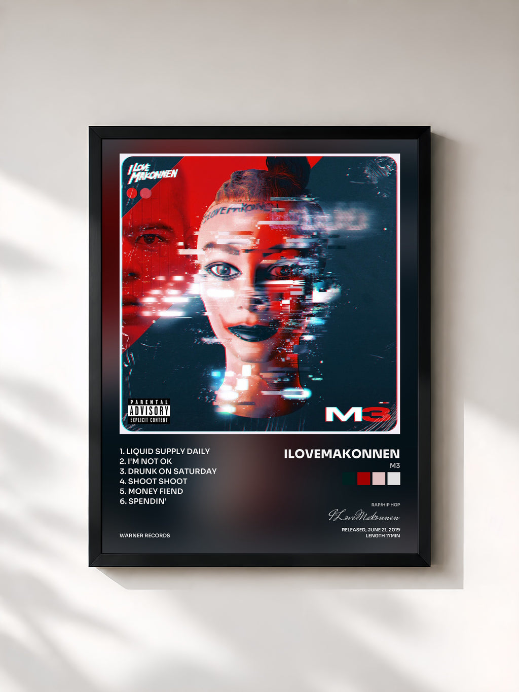 #noir Tableau de l'album M3 de ILoveMakonnen, cadre noir, imprimé et encadré en France