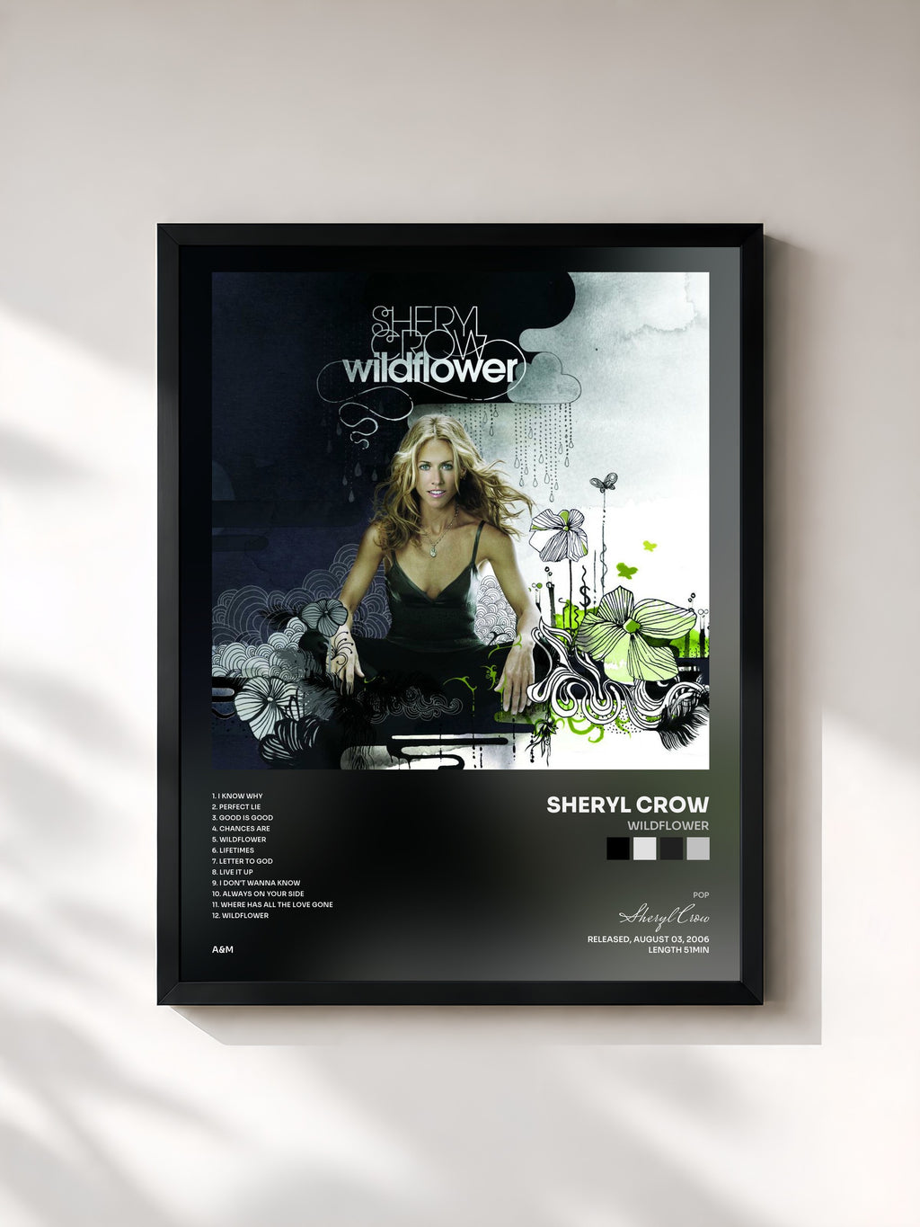 #noir Tableau de l'album Wildflower de Sheryl Crow, cadre noir, imprimé et encadré en France