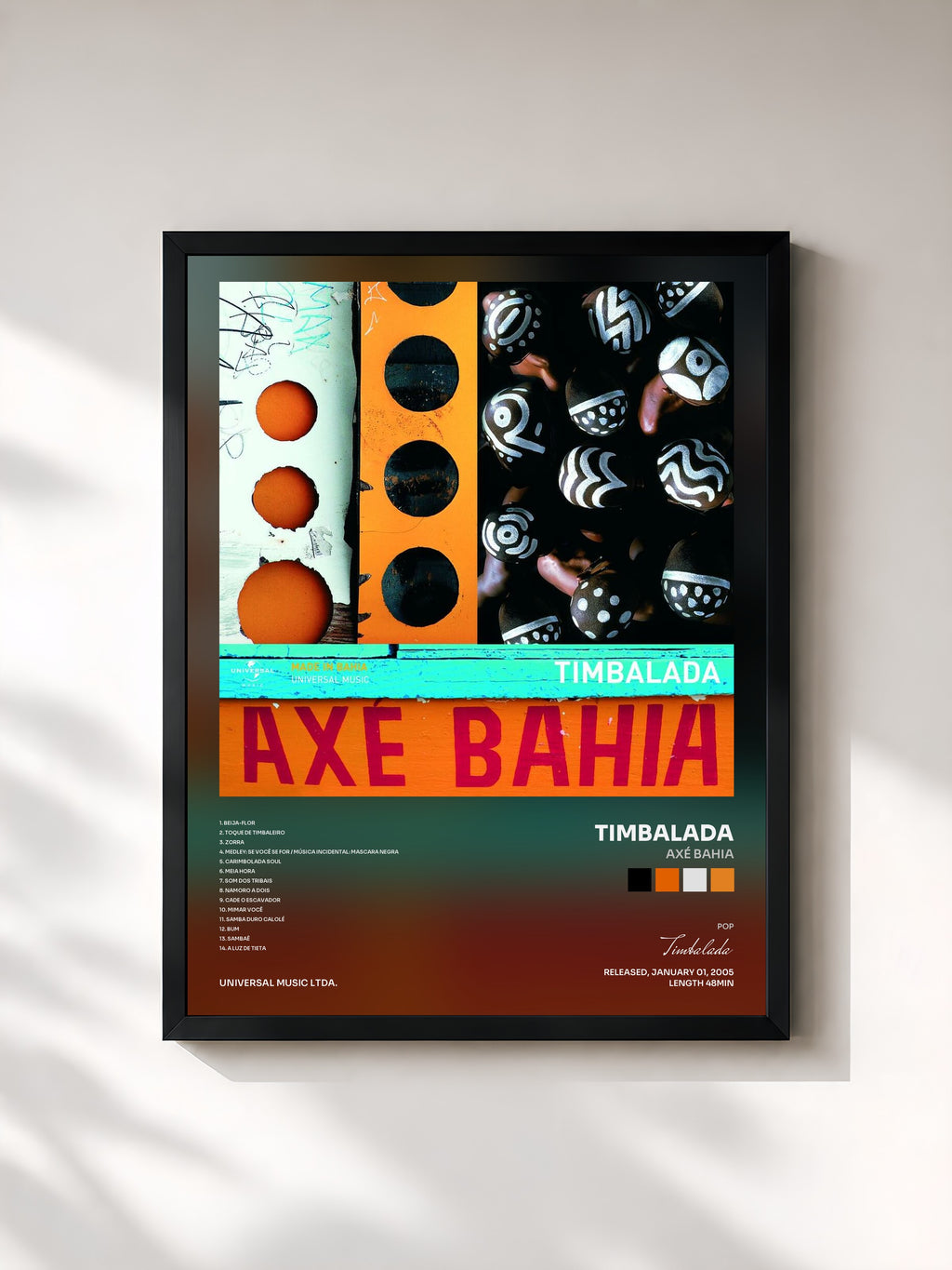 #noir Tableau de l'album Axé Bahia de Timbalada, cadre noir, imprimé et encadré en France