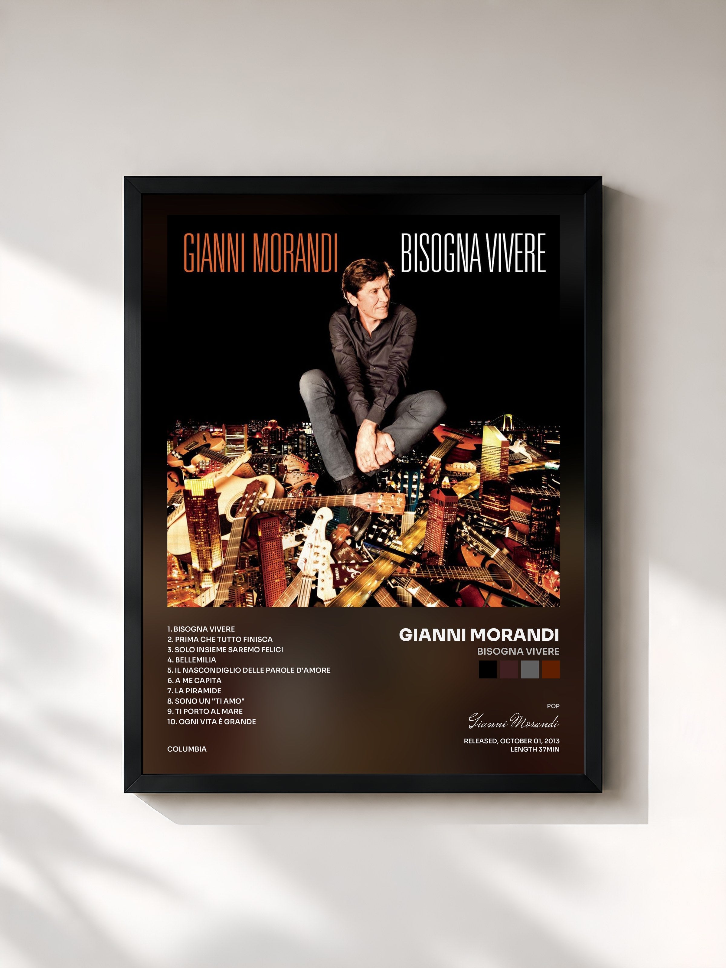 #noir Tableau de l'album Bisogna vivere de Gianni Morandi, cadre noir, imprimé et encadré en France