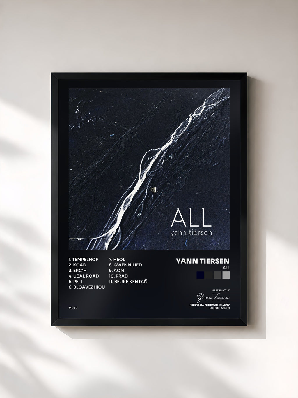 #noir Tableau de l'album ALL de Yann Tiersen, cadre noir, imprimé et encadré en France