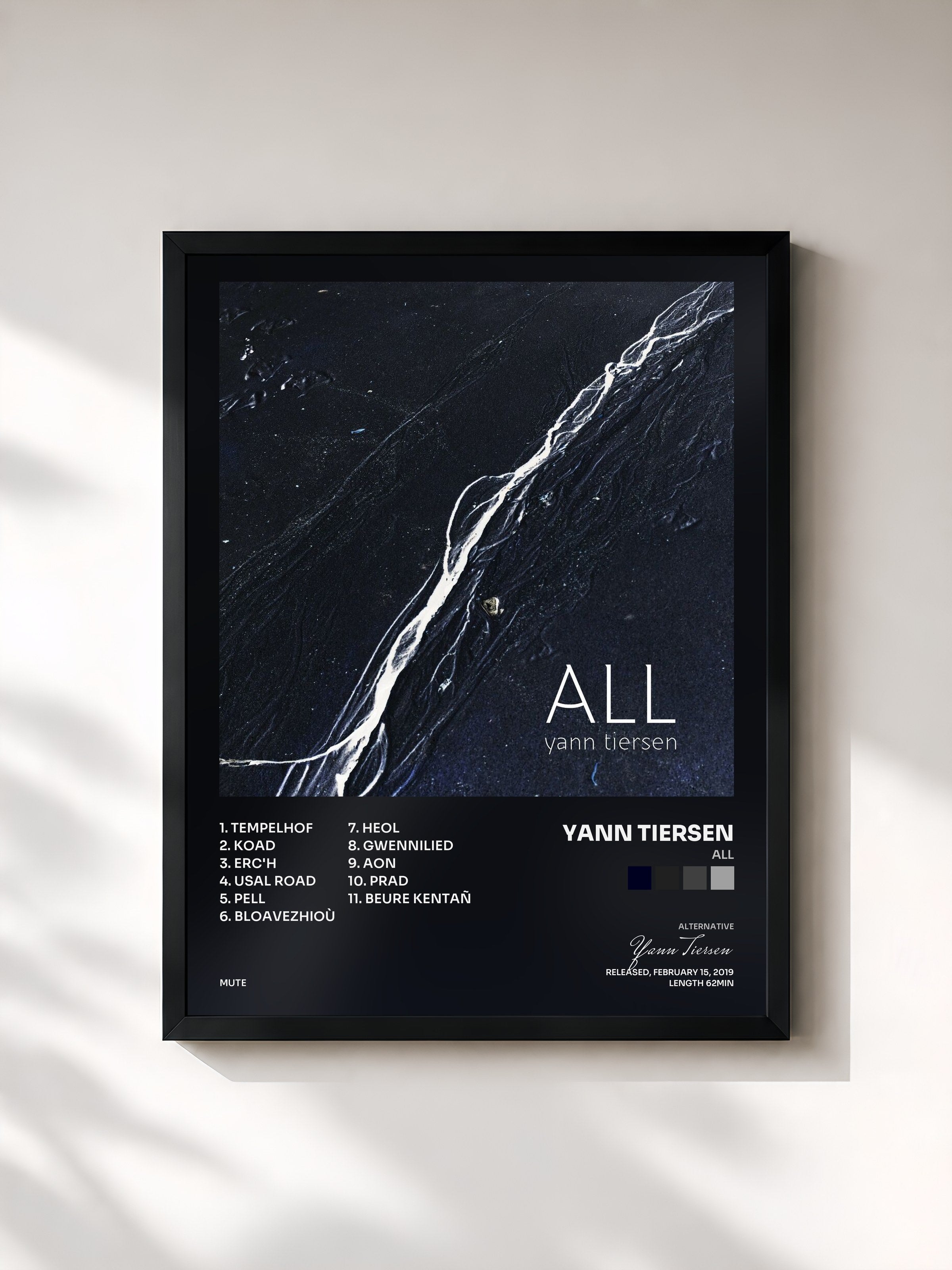 #noir Tableau de l'album ALL de Yann Tiersen, cadre noir, imprimé et encadré en France