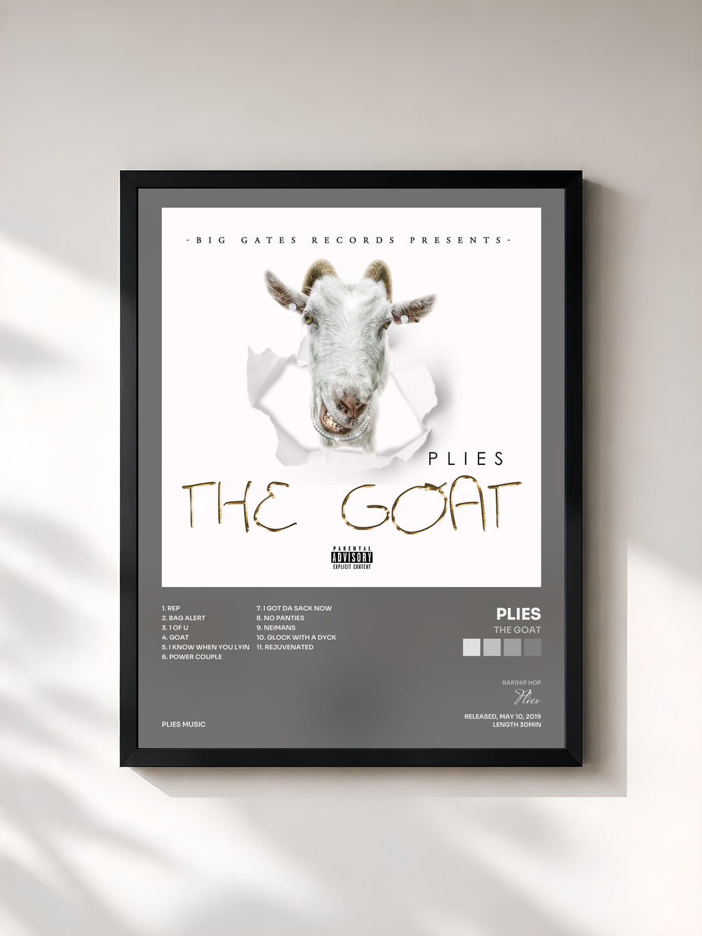 #noir Tableau de l'album The GOAT de Plies, cadre noir, imprimé et encadré en France