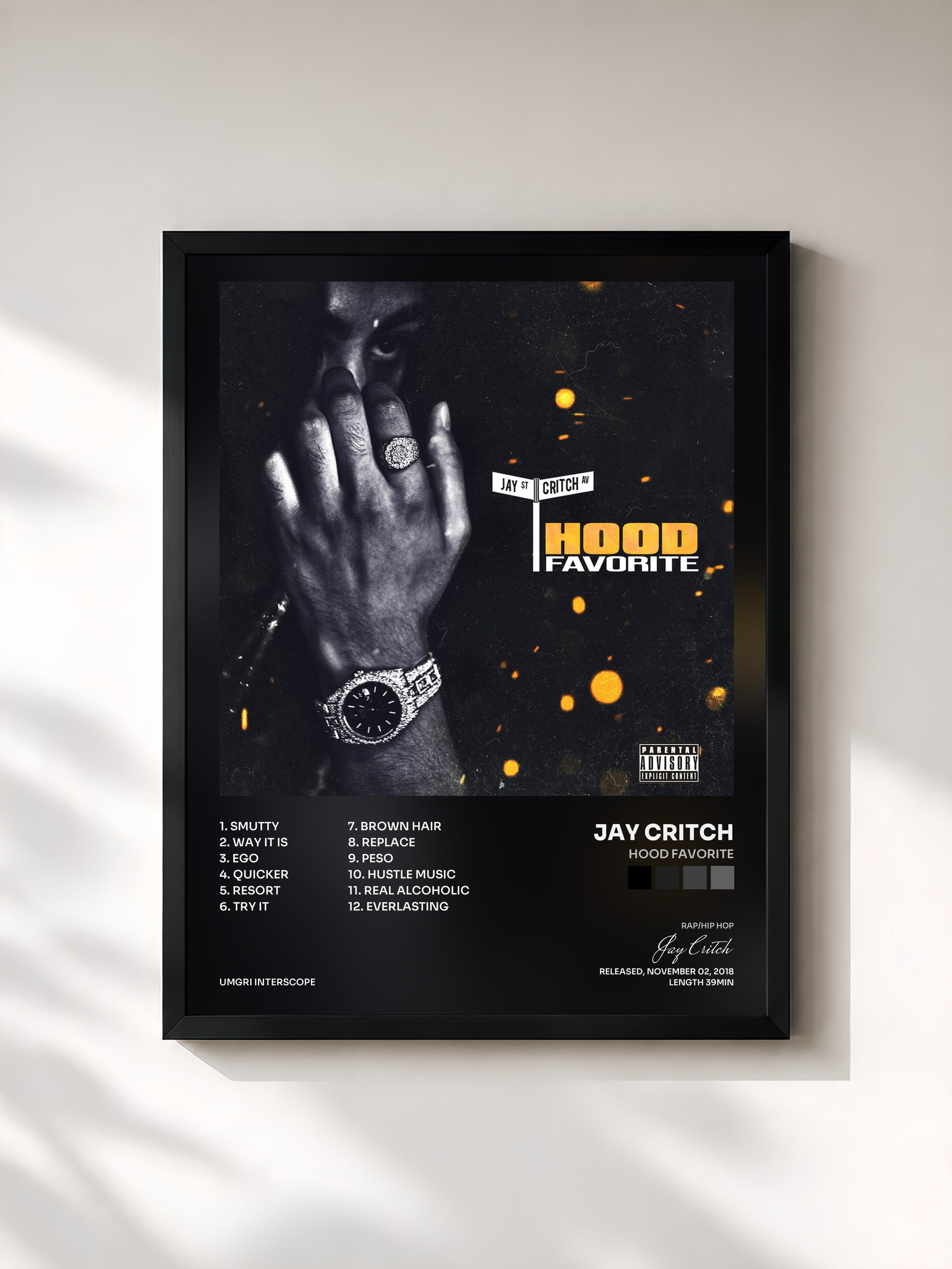 #noir Tableau de l'album Hood Favorite de Jay Critch, cadre noir, imprimé et encadré en France