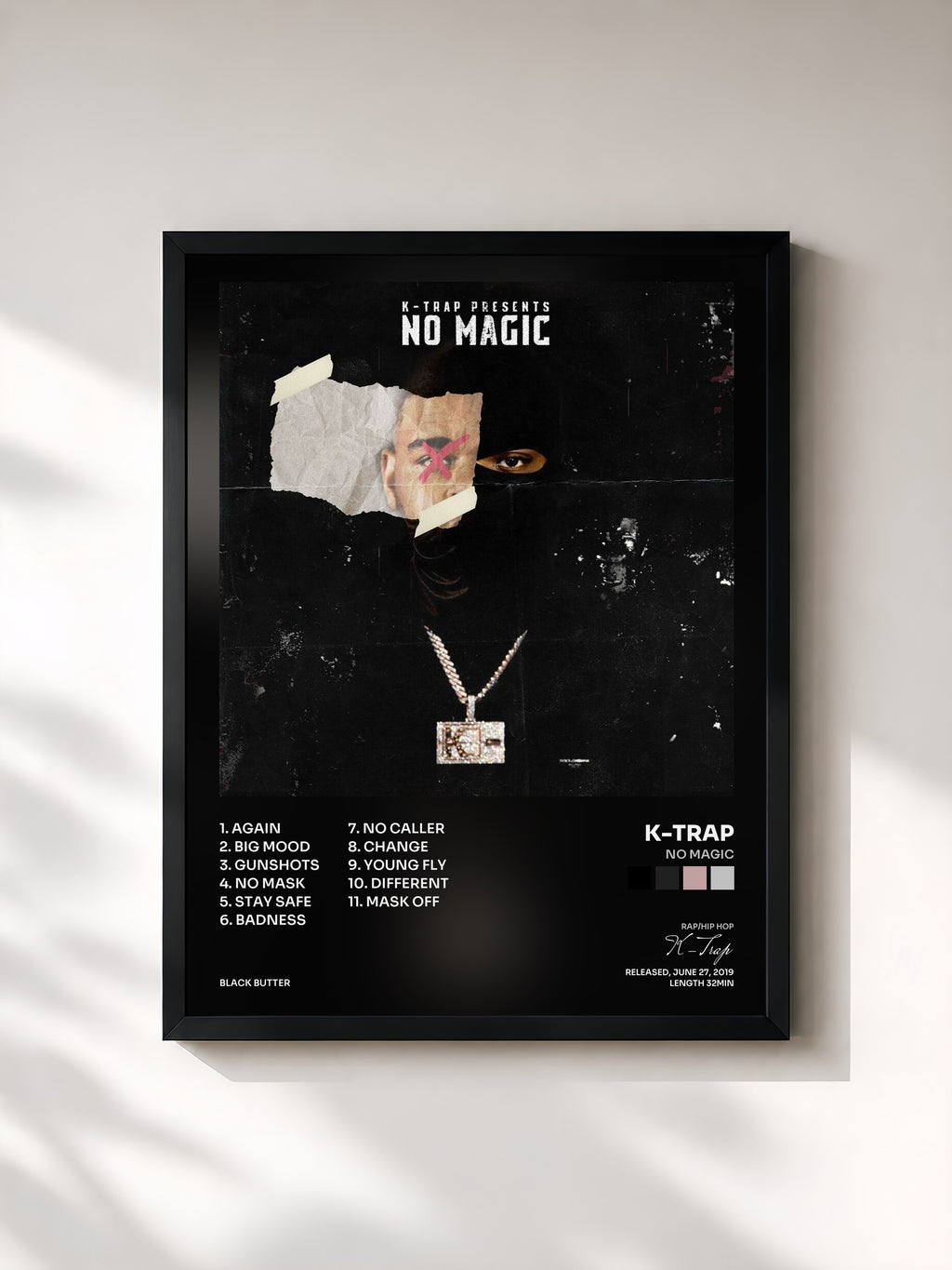 #noir Tableau de l'album No Magic de K-Trap, cadre noir, imprimé et encadré en France