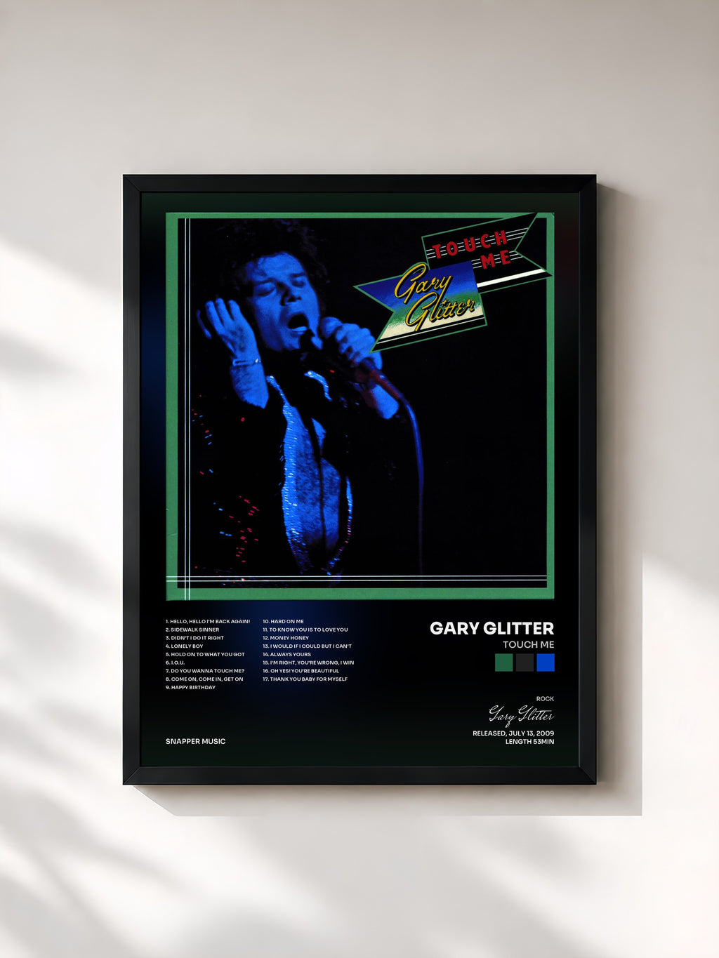 #noir Tableau de l'album Touch Me de Gary Glitter, cadre noir, imprimé et encadré en France