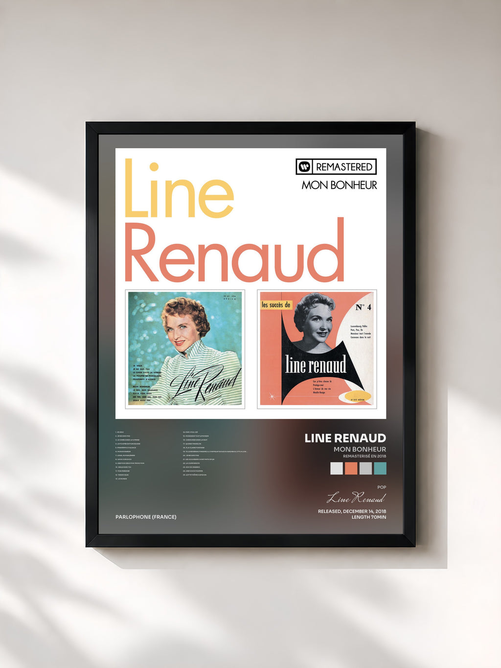 #noir Tableau de l'album Mon Bonheur (Remasterisé en 2018) de Line Renaud, cadre noir, imprimé et encadré en France