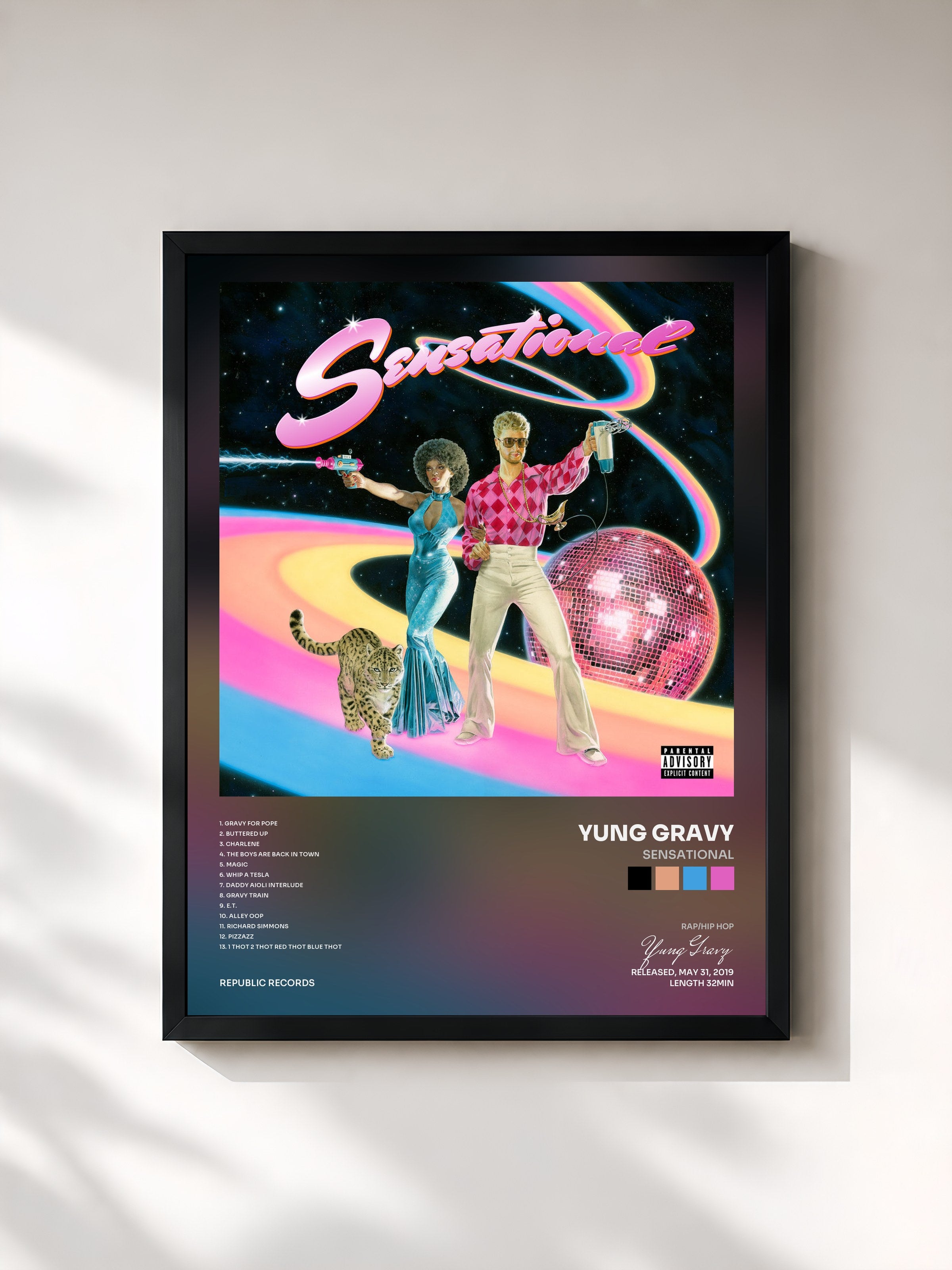 #noir Tableau de l'album Sensational de Yung Gravy, cadre noir, imprimé et encadré en France