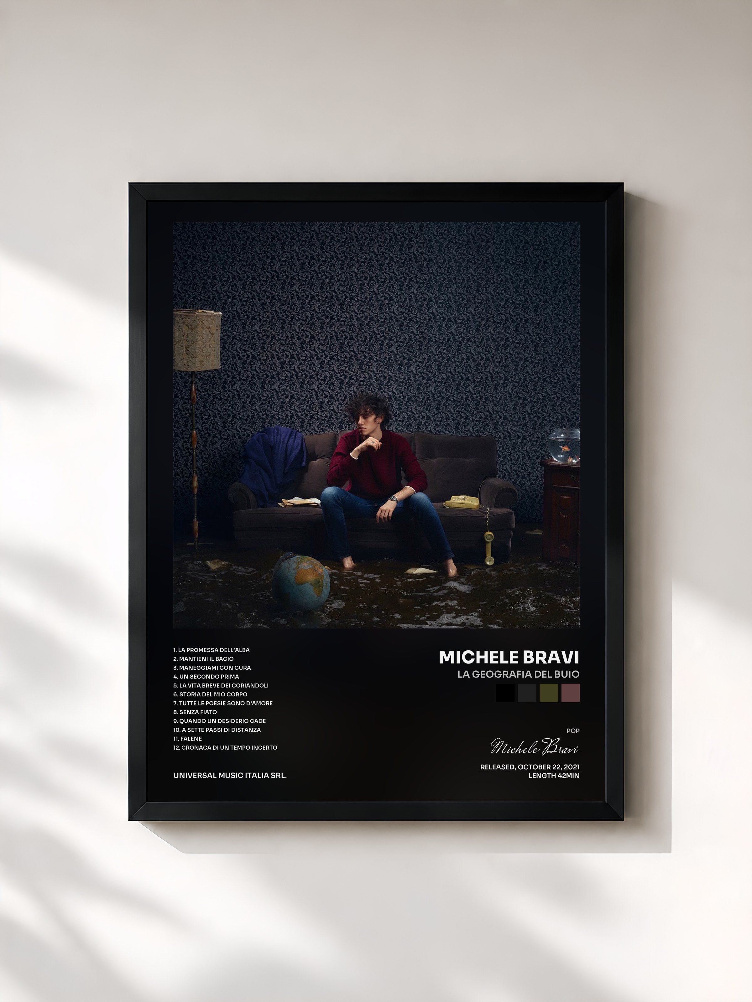 #noir Tableau de l'album La Geografia Del Buio de Michele Bravi, cadre noir, imprimé et encadré en France