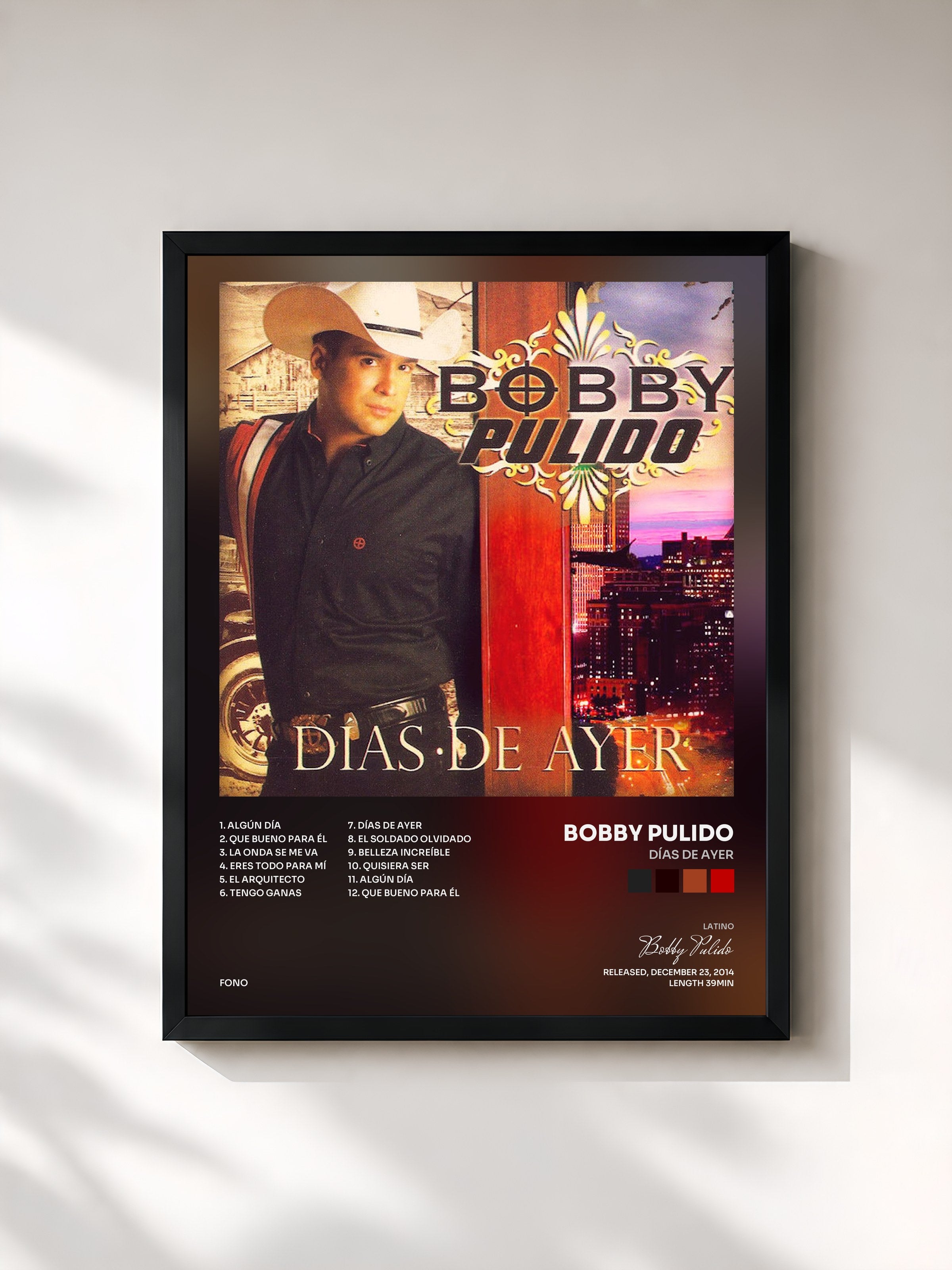 #noir Tableau de l'album Días de Ayer de Bobby Pulido, cadre noir, imprimé et encadré en France