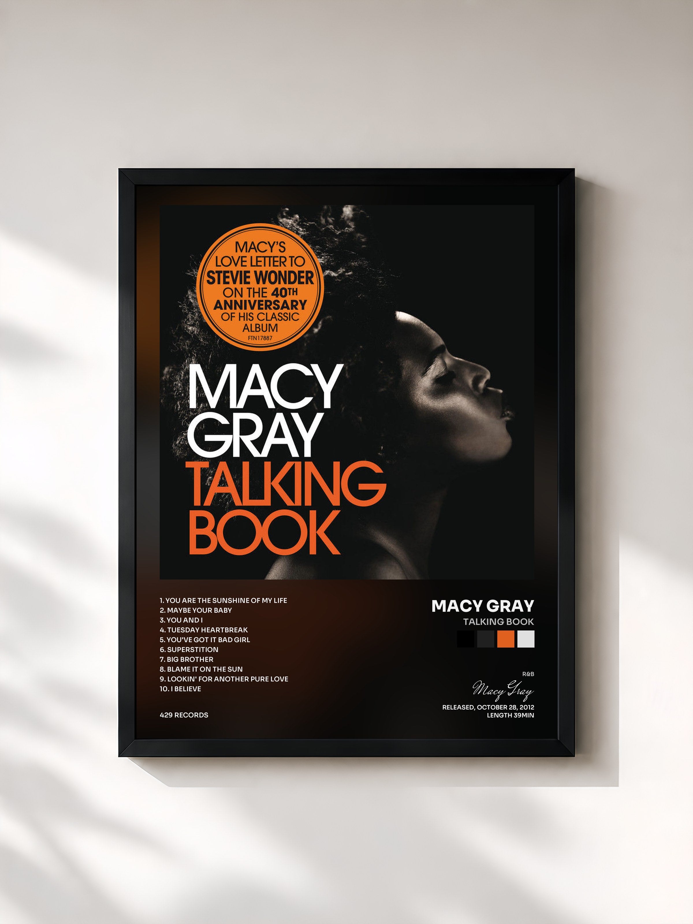 #noir Tableau de l'album Talking Book de Macy Gray, cadre noir, imprimé et encadré en France