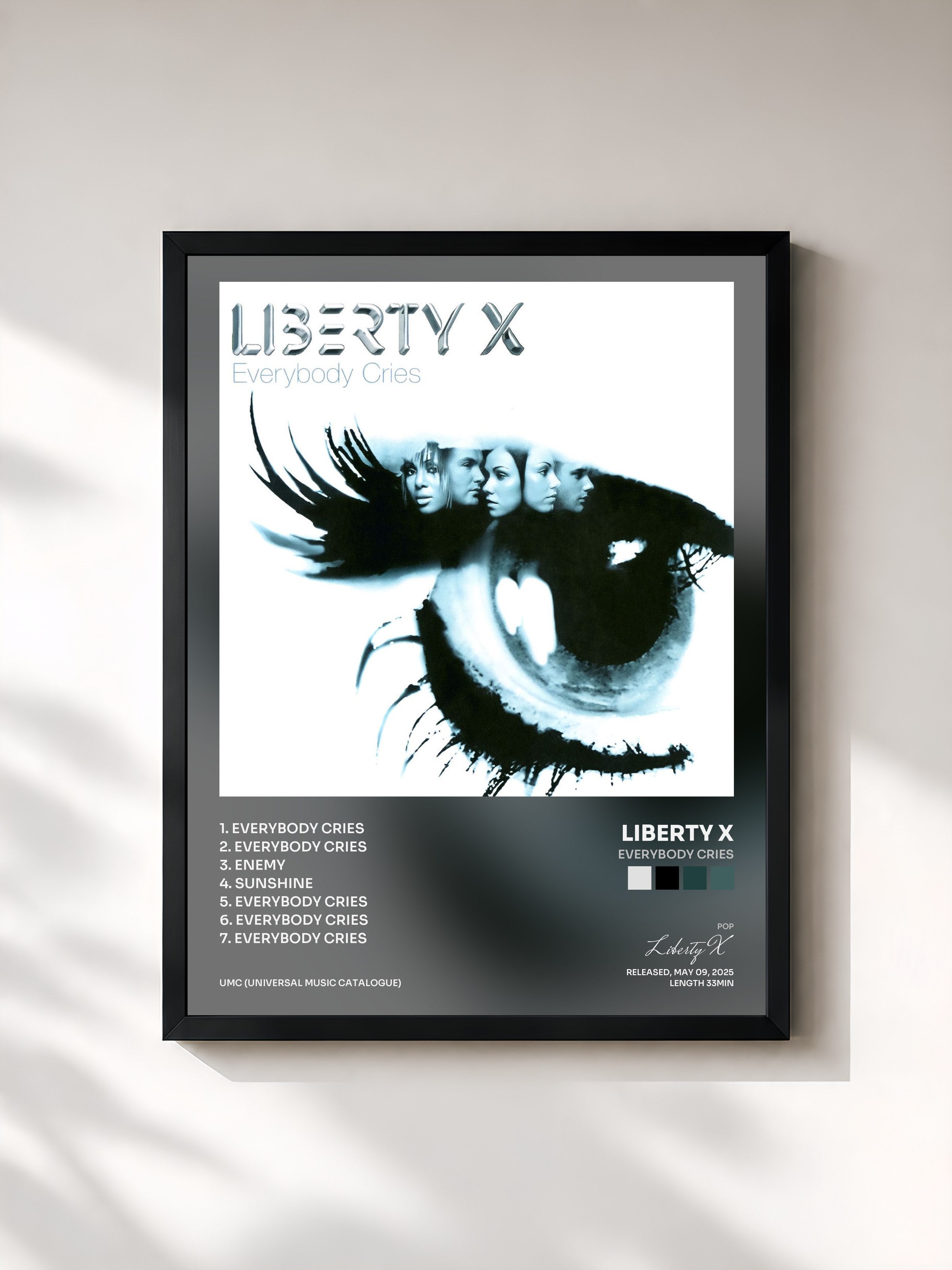 #noir Tableau de l'album Everybody Cries de Liberty X, cadre noir, imprimé et encadré en France