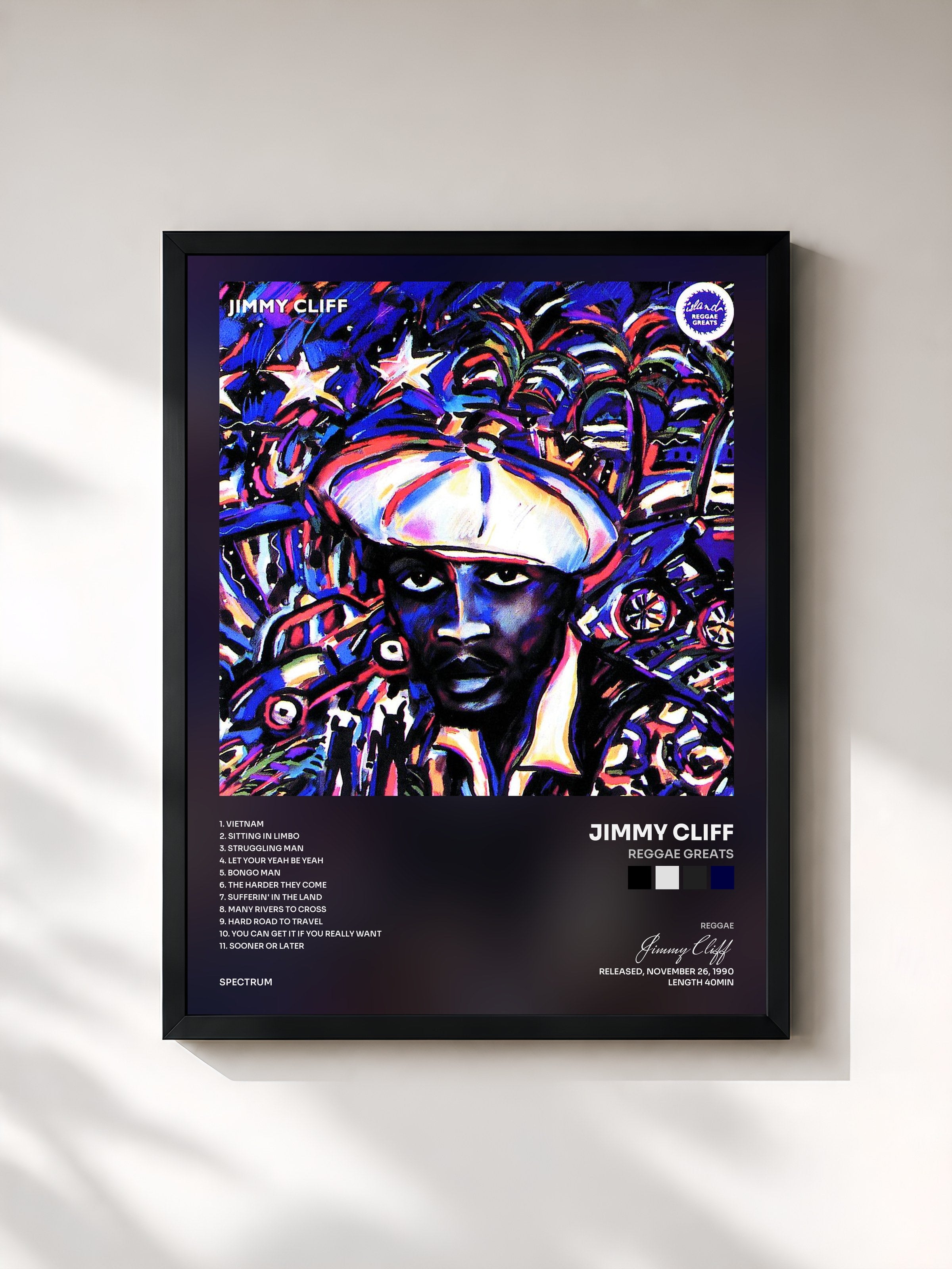 #noir Tableau de l'album Reggae Greats de Jimmy Cliff, cadre noir, imprimé et encadré en France