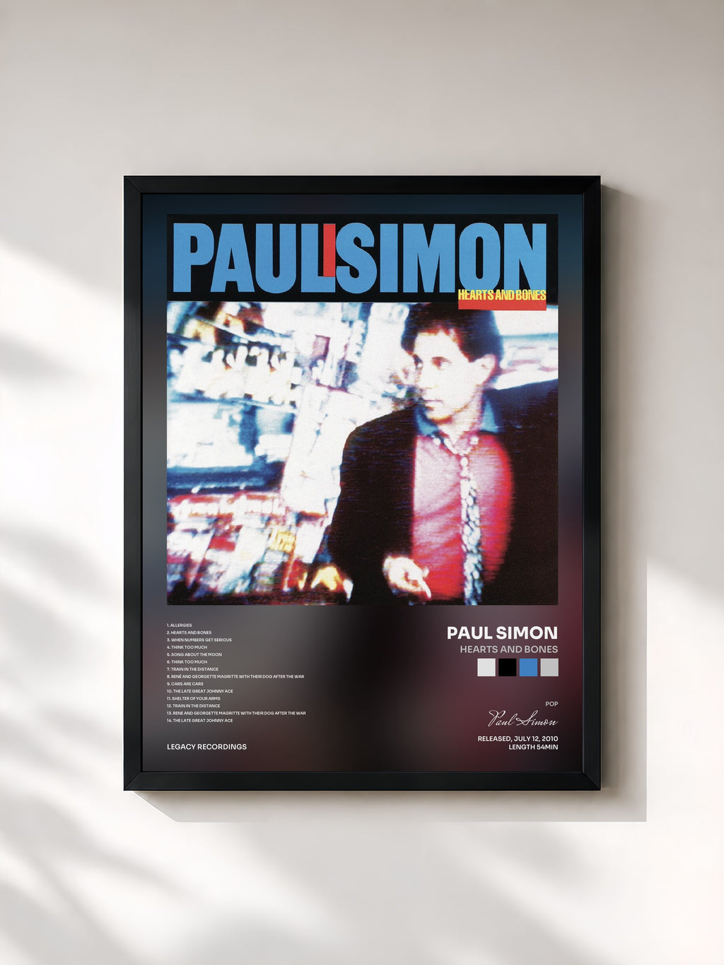 #noir Tableau de l'album Hearts And Bones de Paul Simon, cadre noir, imprimé et encadré en France