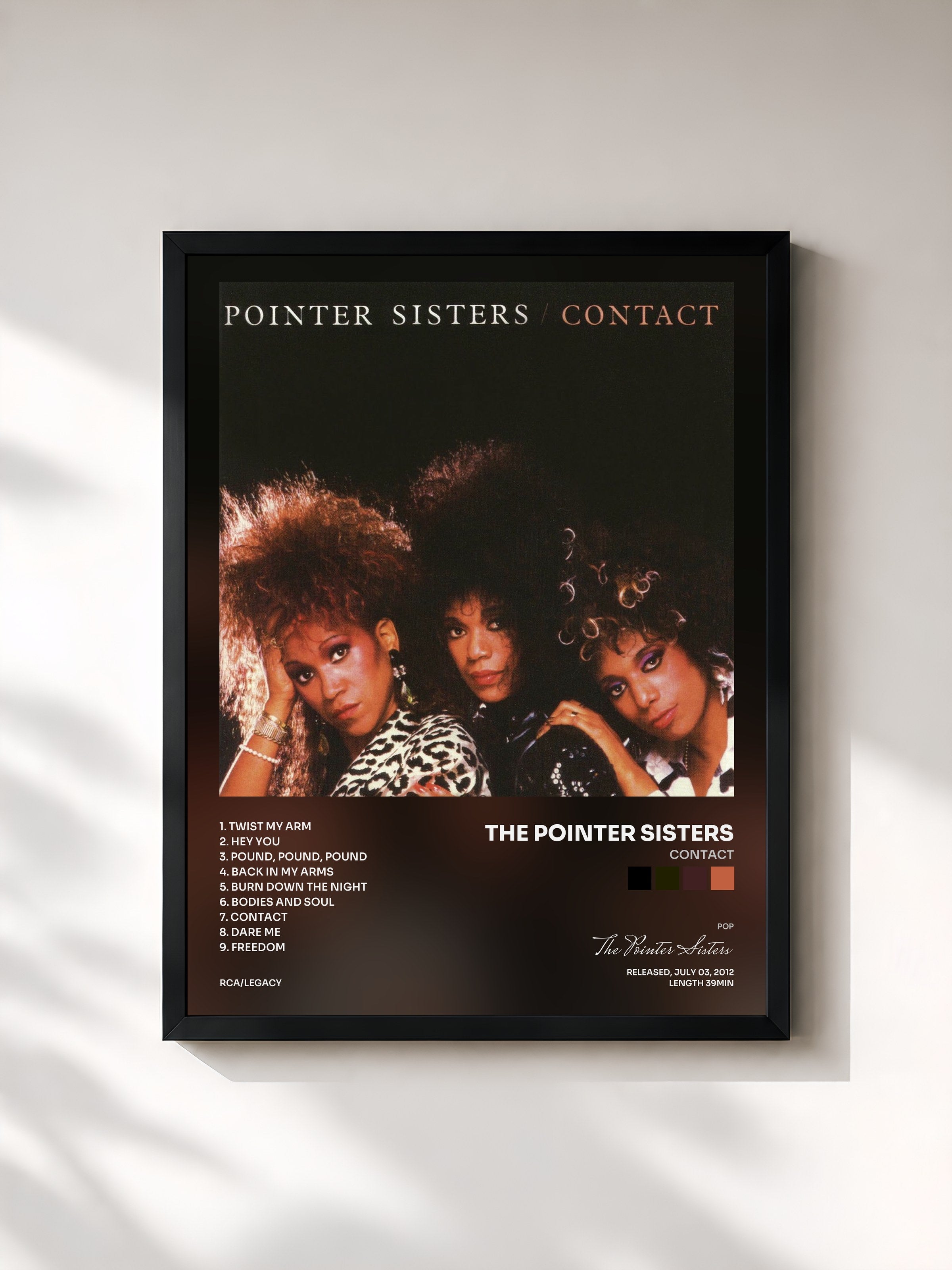 #noir Tableau de l'album Contact de The Pointer Sisters, cadre noir, imprimé et encadré en France